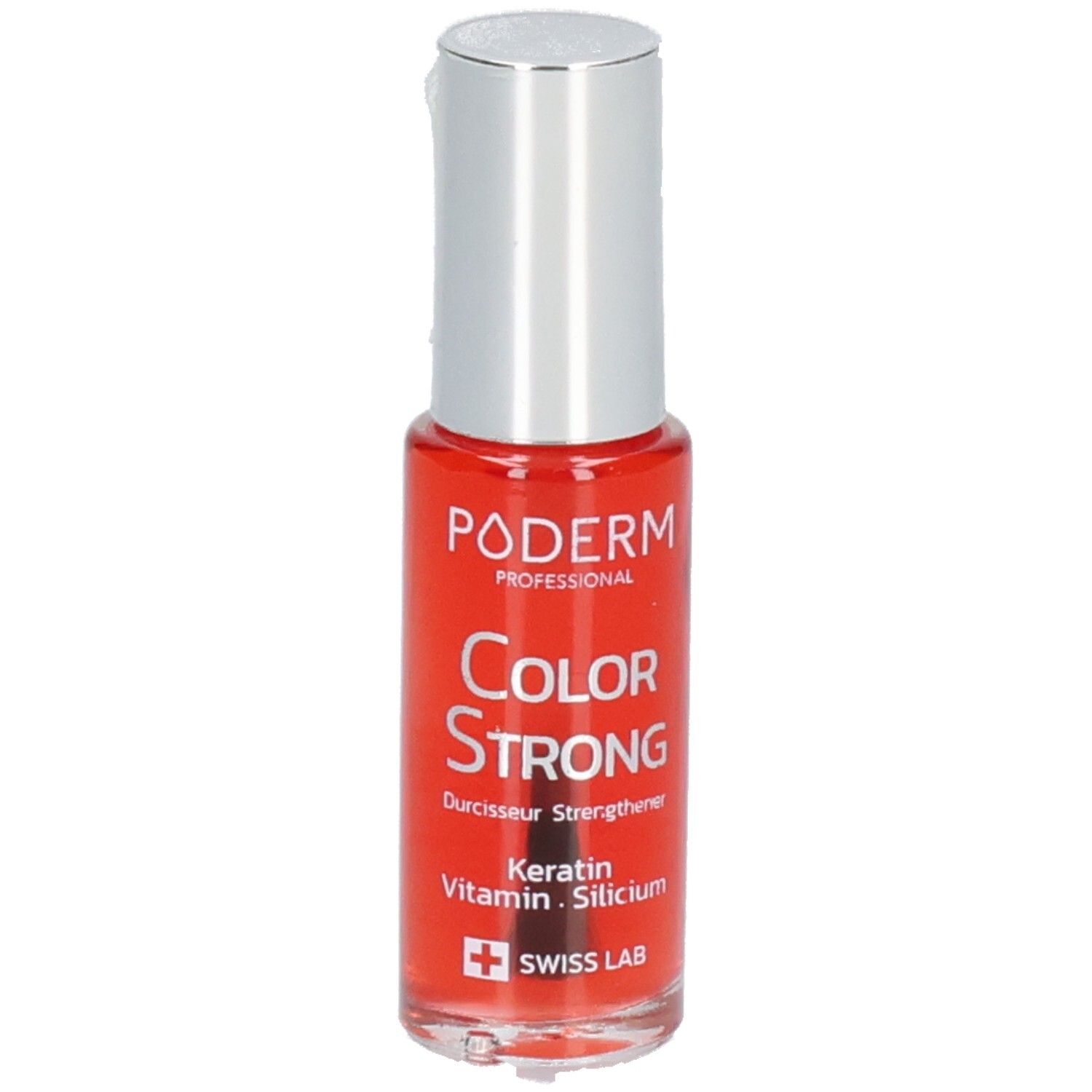 Flacon de vernis à ongles rouge avec bouchon argenté. Inscriptions: PODERM, Color Strong, Swiss Lab. Contient kératine, vitamine, silicium.