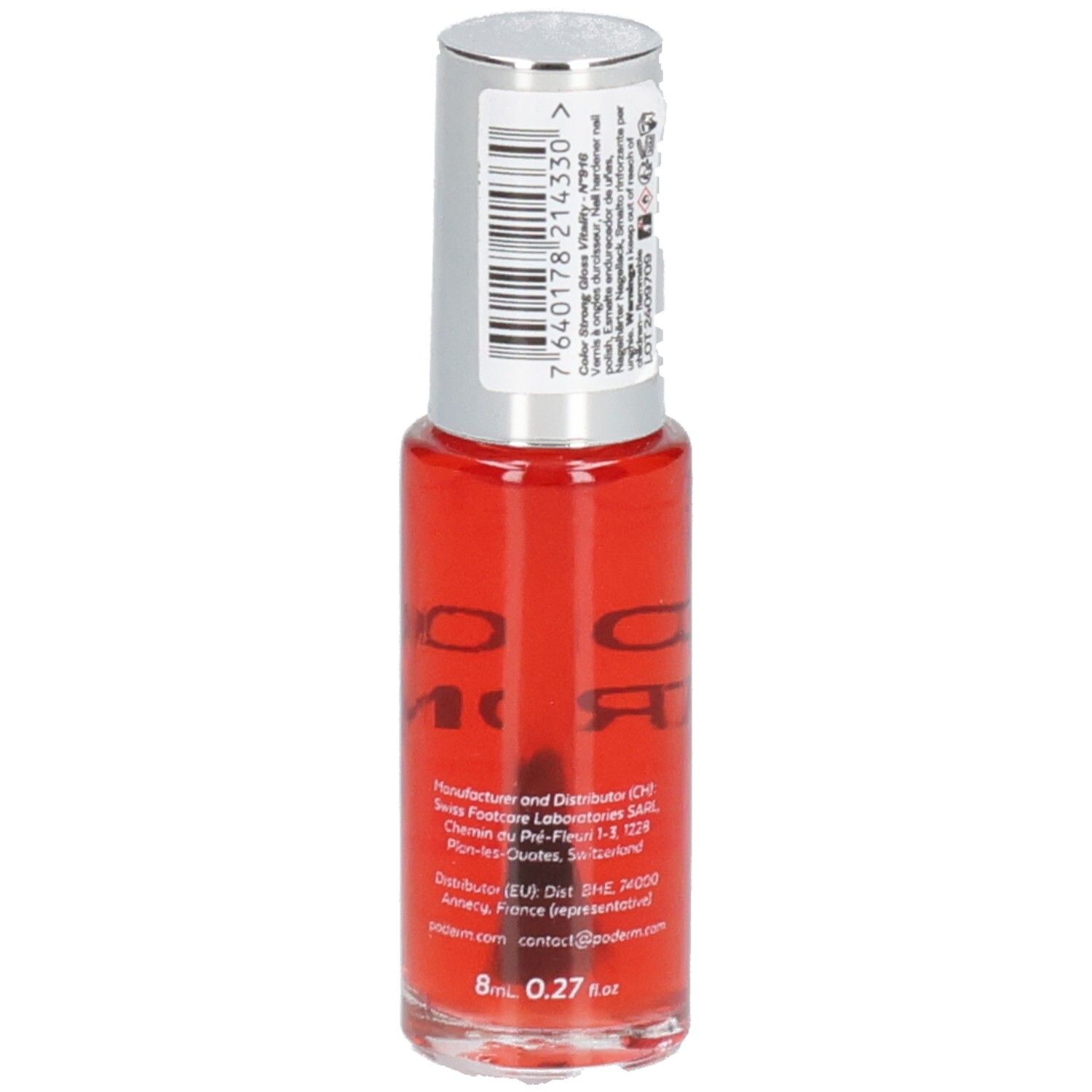 Flacon de vernis à ongles rouge avec bouchon argenté. Dos avec informations produit, code-barres et volume: 8 ml.