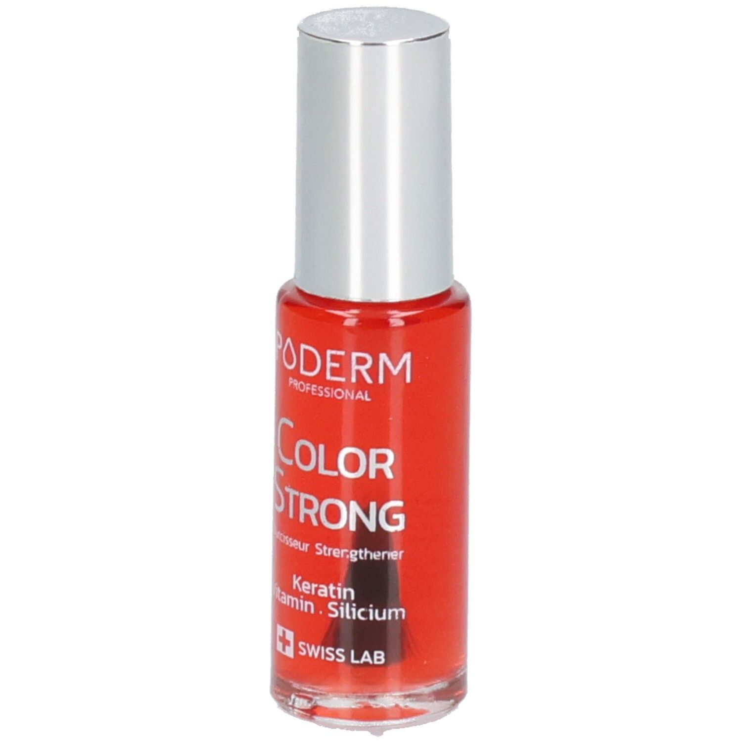Flacon de vernis à ongles rouge avec bouchon argenté. Inscriptions: PODERM, Color Strong, Swiss Lab. Pinceau visible.