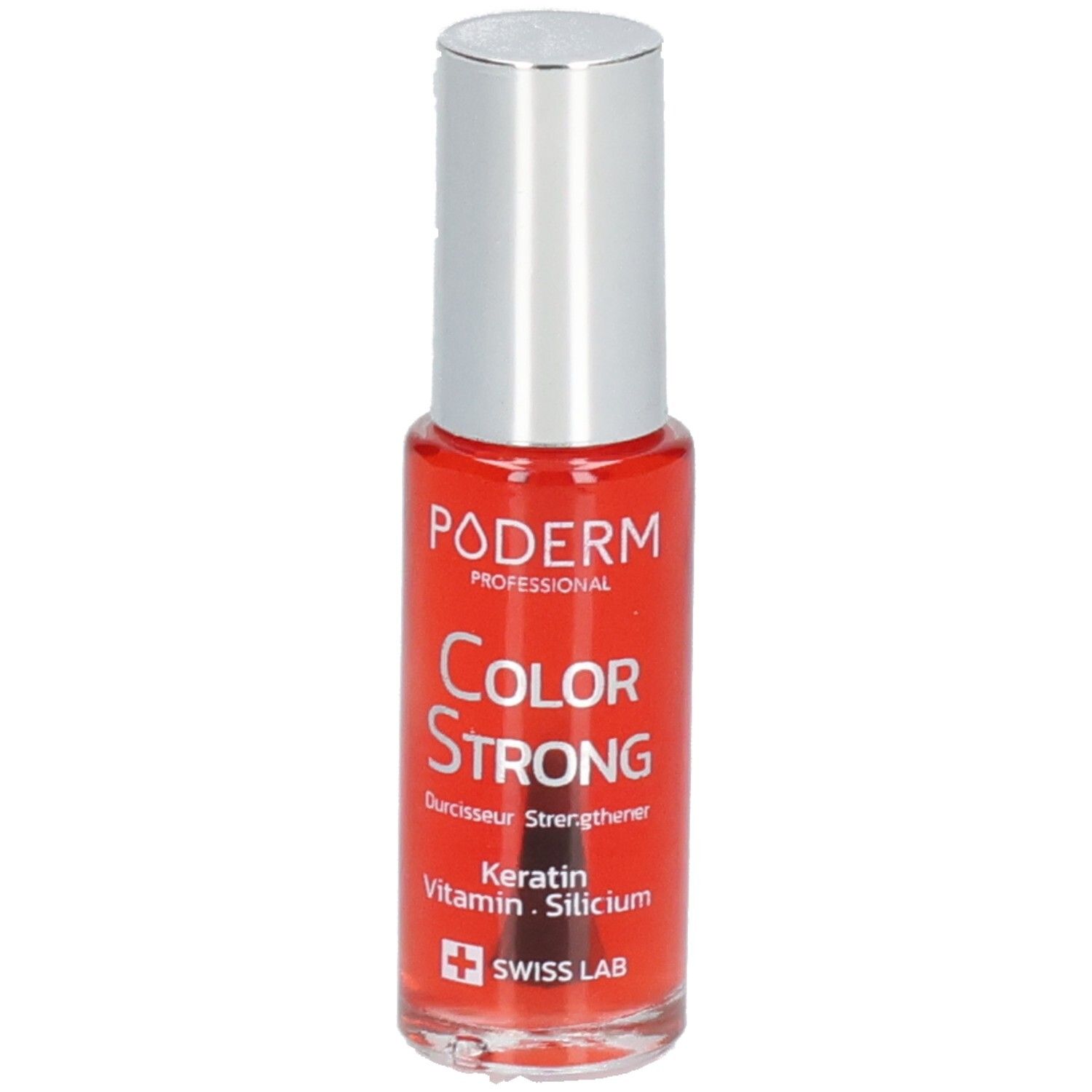 Flacon de vernis à ongles rouge avec bouchon argenté. Inscriptions: PODERM, Color Strong, Swiss Lab. Contient kératine, vitamine, silicium.