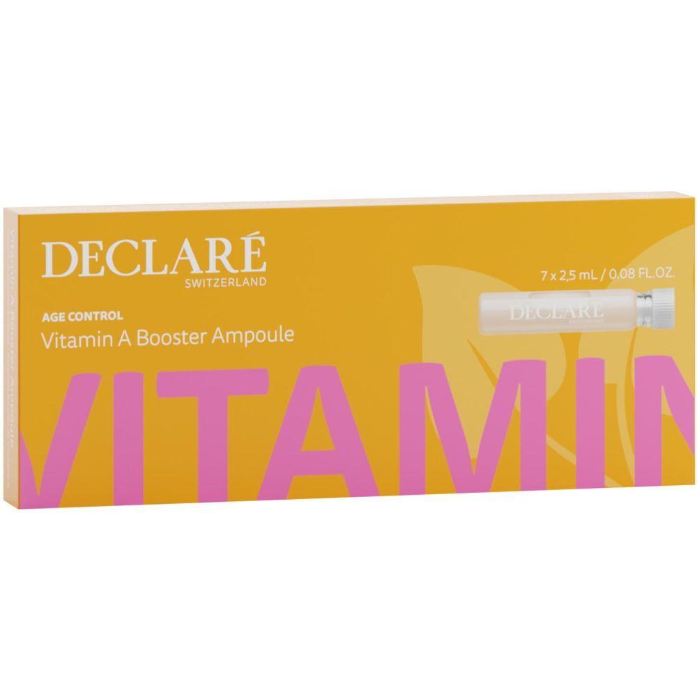 Boîte jaune DECLARÉ Vitamin A Booster Ampoule. Inscription rose "VITAMIN". Contient 7 ampoules.