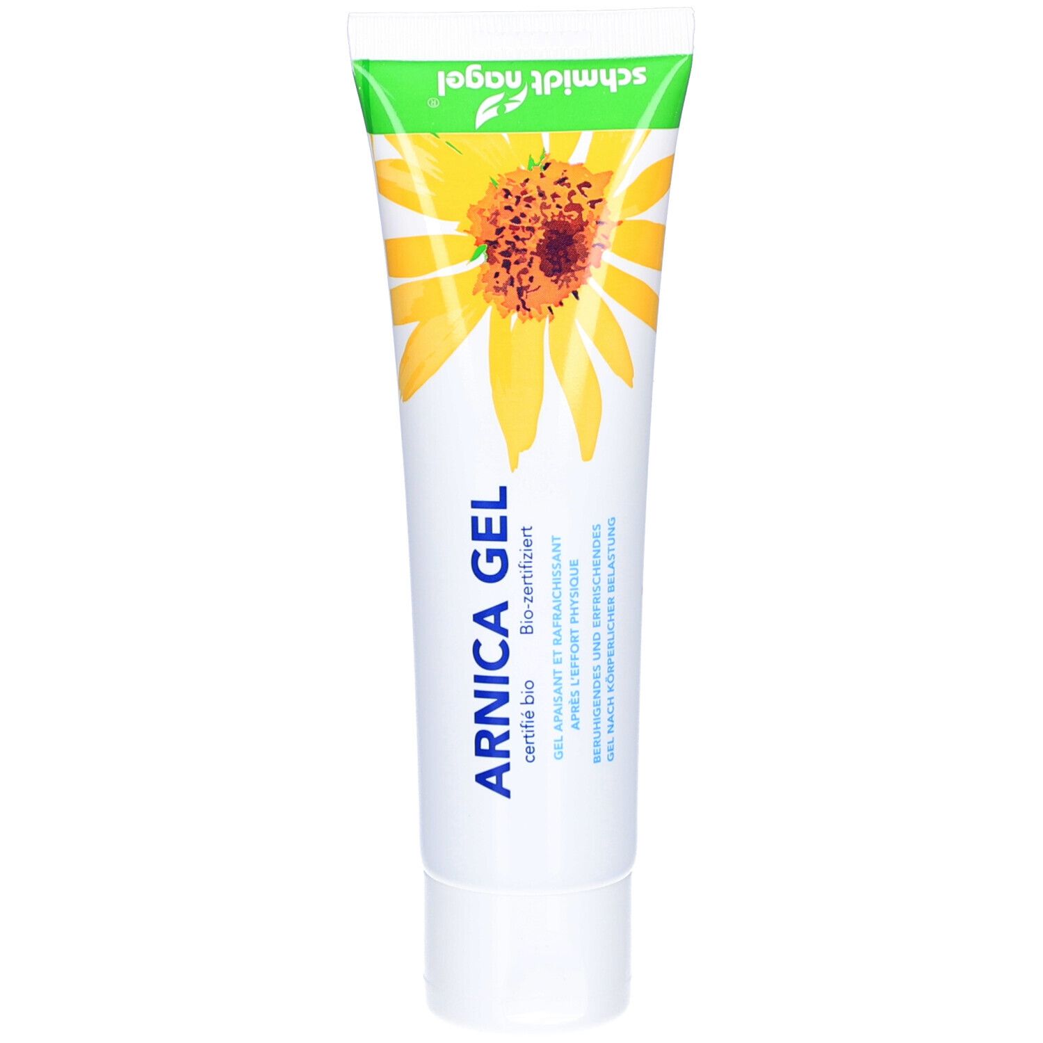 Tube de gel ARNICA, design jaune et vert, illustration de tournesol. Certifié bio. Marque : schmidt nagel.
