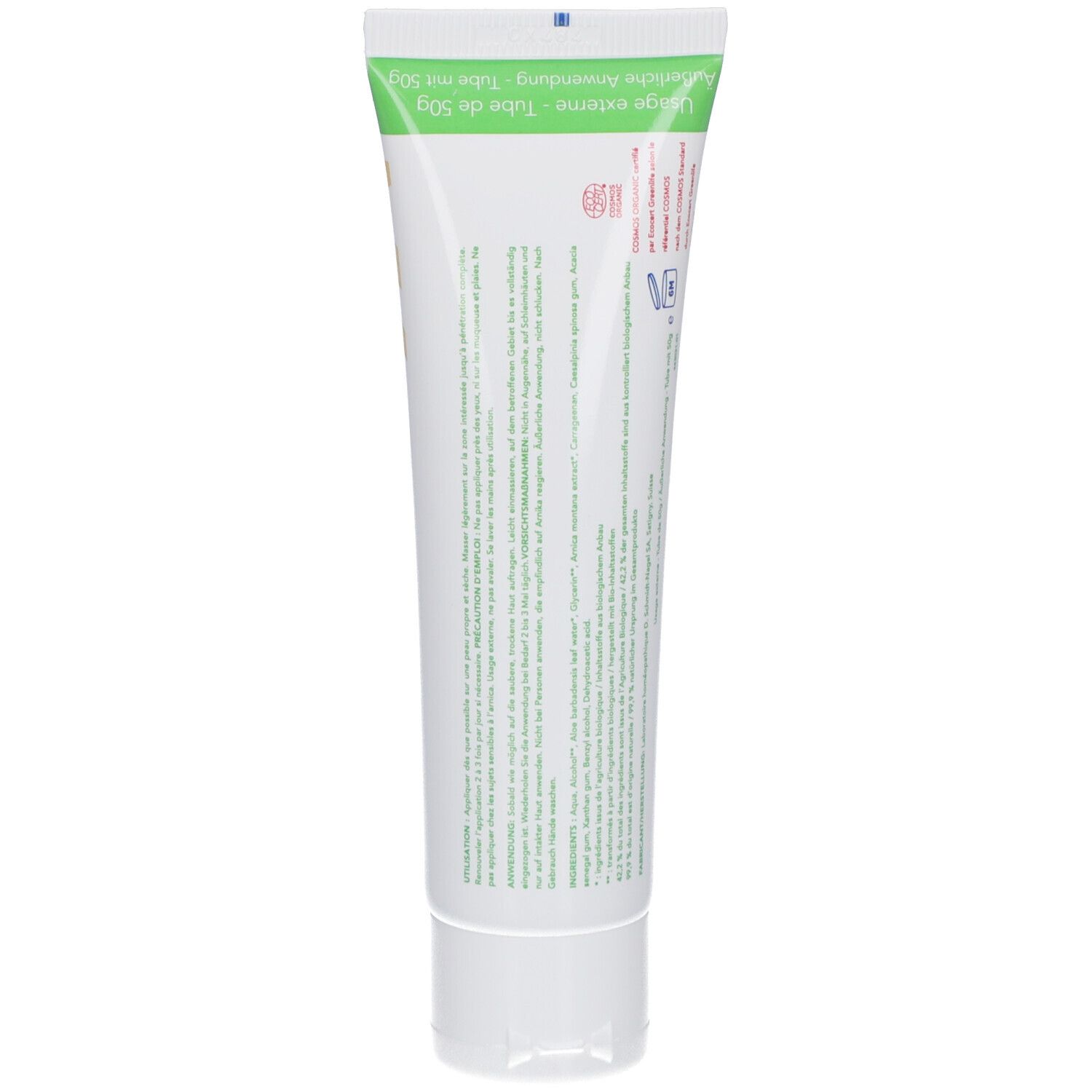Dos du tube de gel ARNICA. Texte en plusieurs langues. Couleurs vert et blanc. Marque : schmidt nagel.