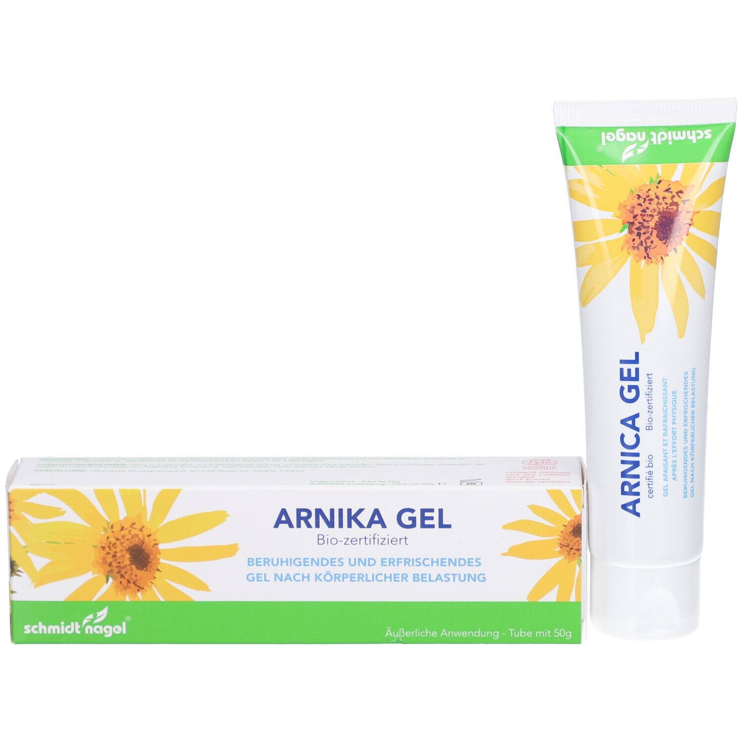 Tube et boîte de gel ARNICA. Design jaune et vert, illustration de tournesol. Certifié bio. Marque : schmidt nagel.