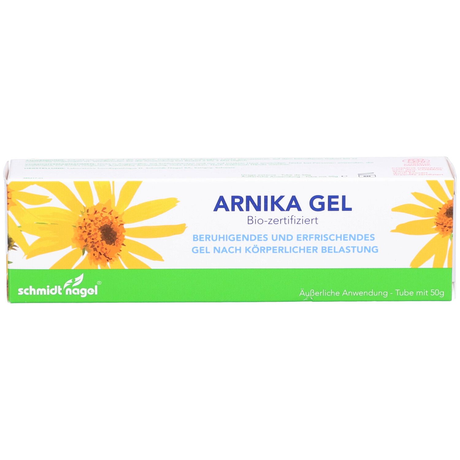 Boîte de gel ARNICA, design jaune et vert, illustration de tournesol. Certifié bio. Marque : schmidt nagel.
