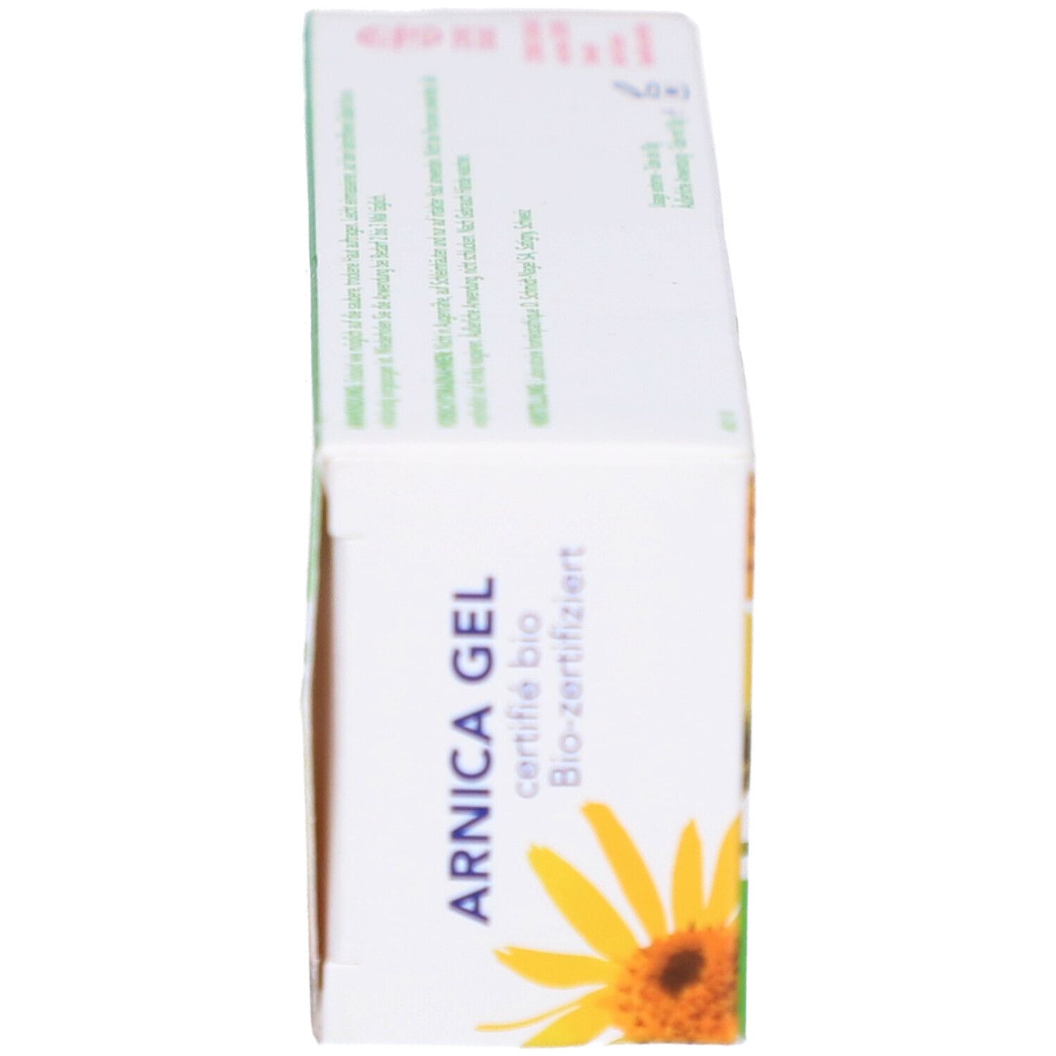 Vue latérale de la boîte de gel ARNICA. Design jaune et vert, illustration de tournesol. Certifié bio. Marque : schmidt nagel.