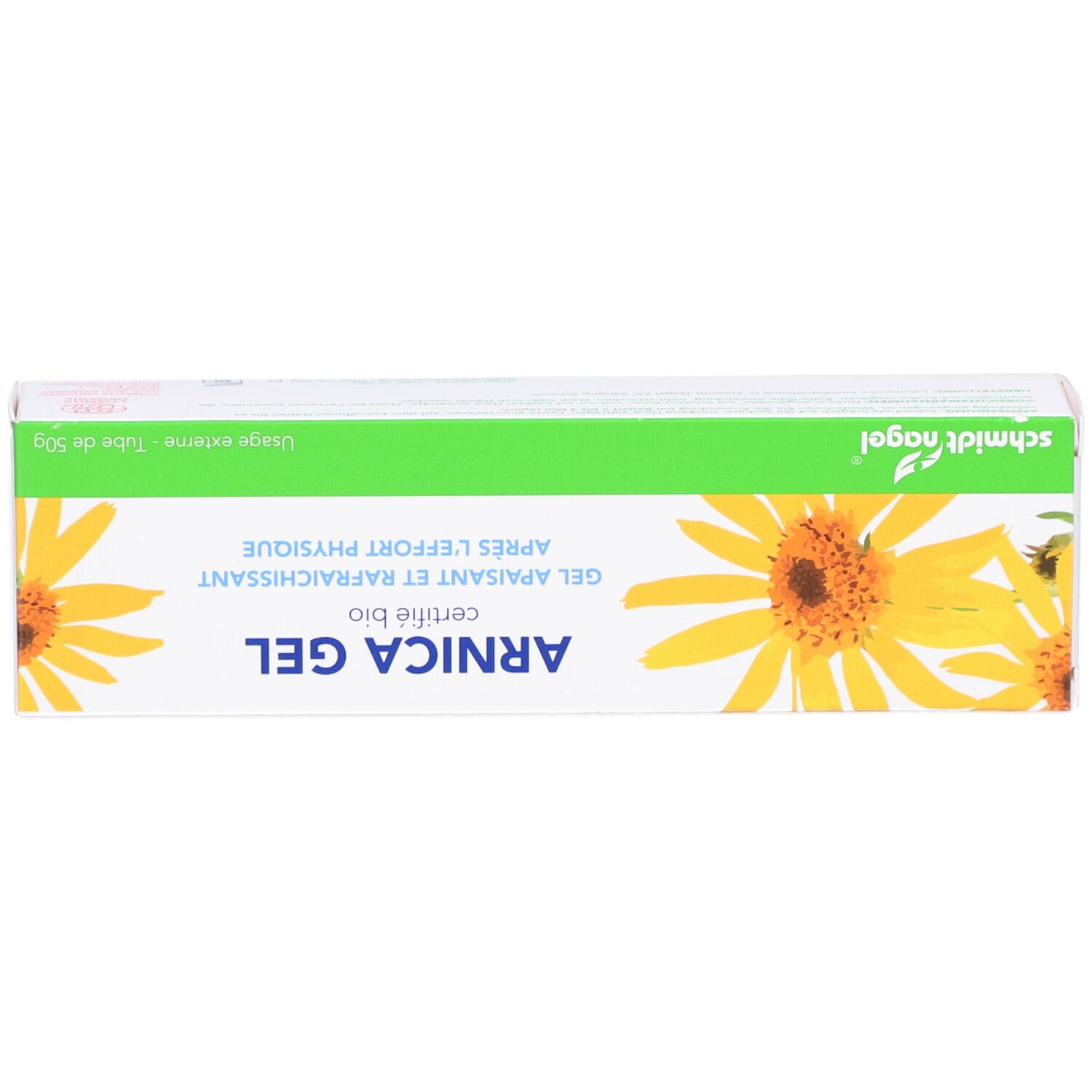 Boîte de gel ARNICA, design jaune et vert, illustration de tournesol. Certifié bio. Marque : schmidt nagel.