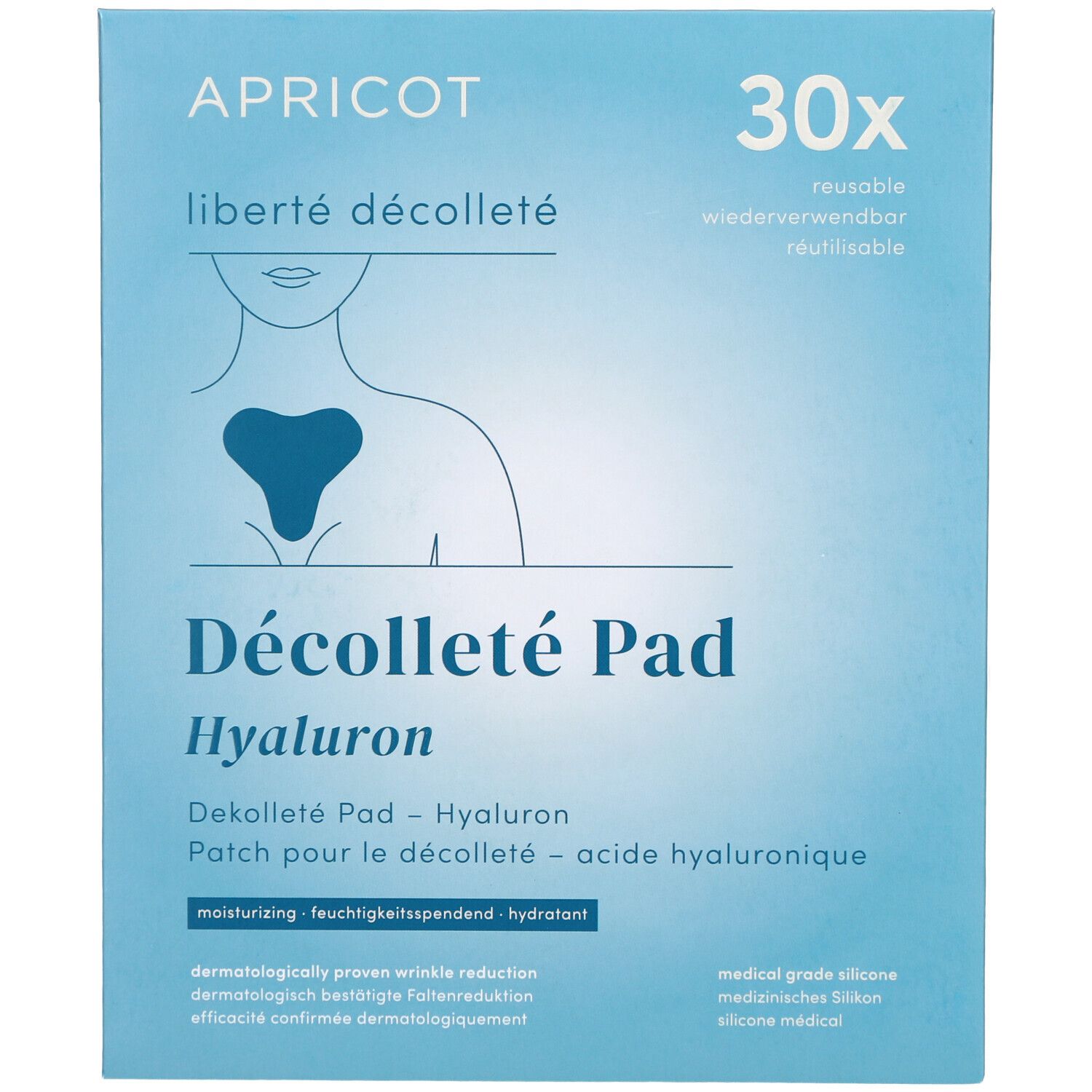 Emballage bleu et blanc. Nom et description du produit. Contient 30 coussinets réutilisables. Coussinets en silicone médical.