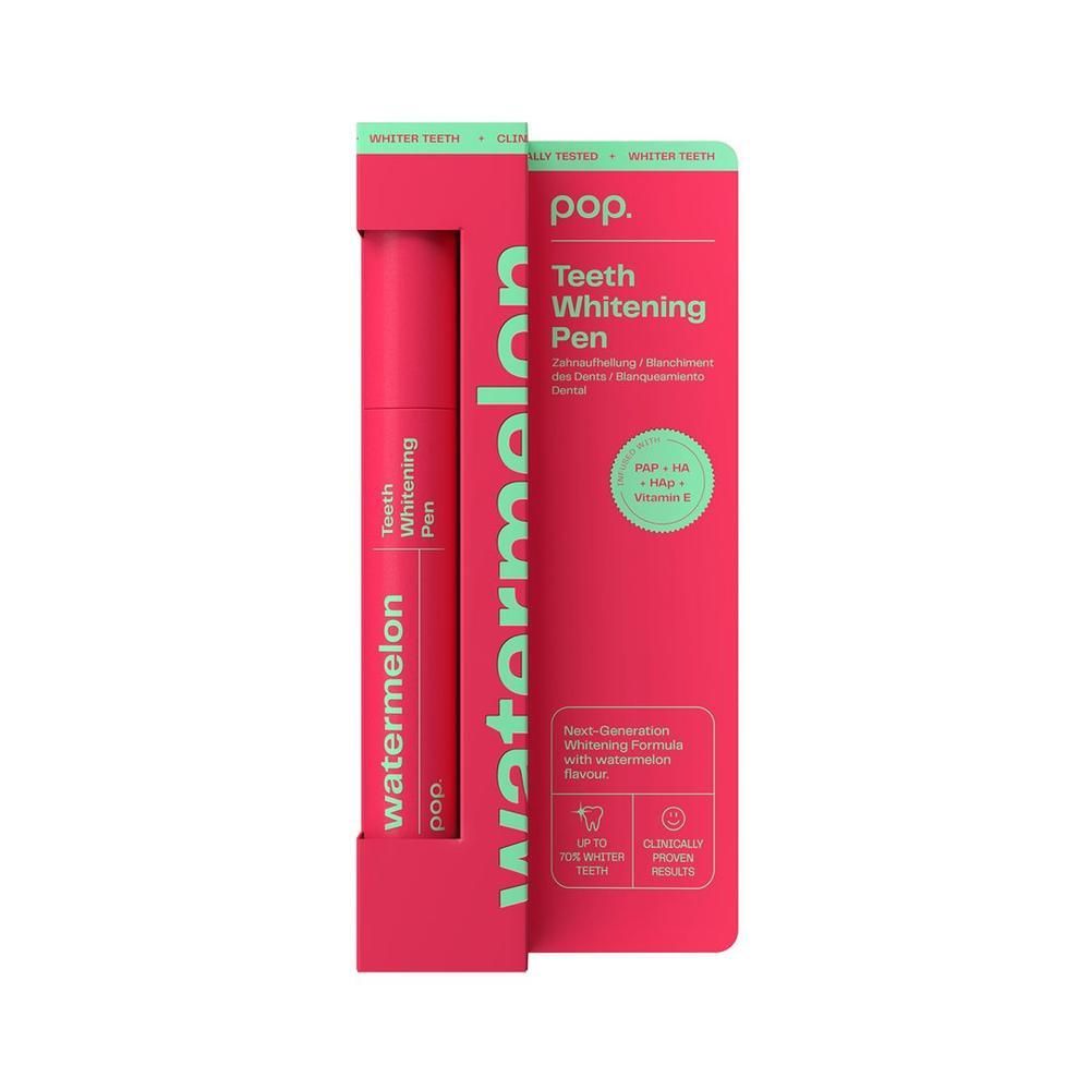 Stylo blanchissant pour les dents dans un emballage rose. Visible : stylo, emballage avec nom du produit et saveur pastèque.