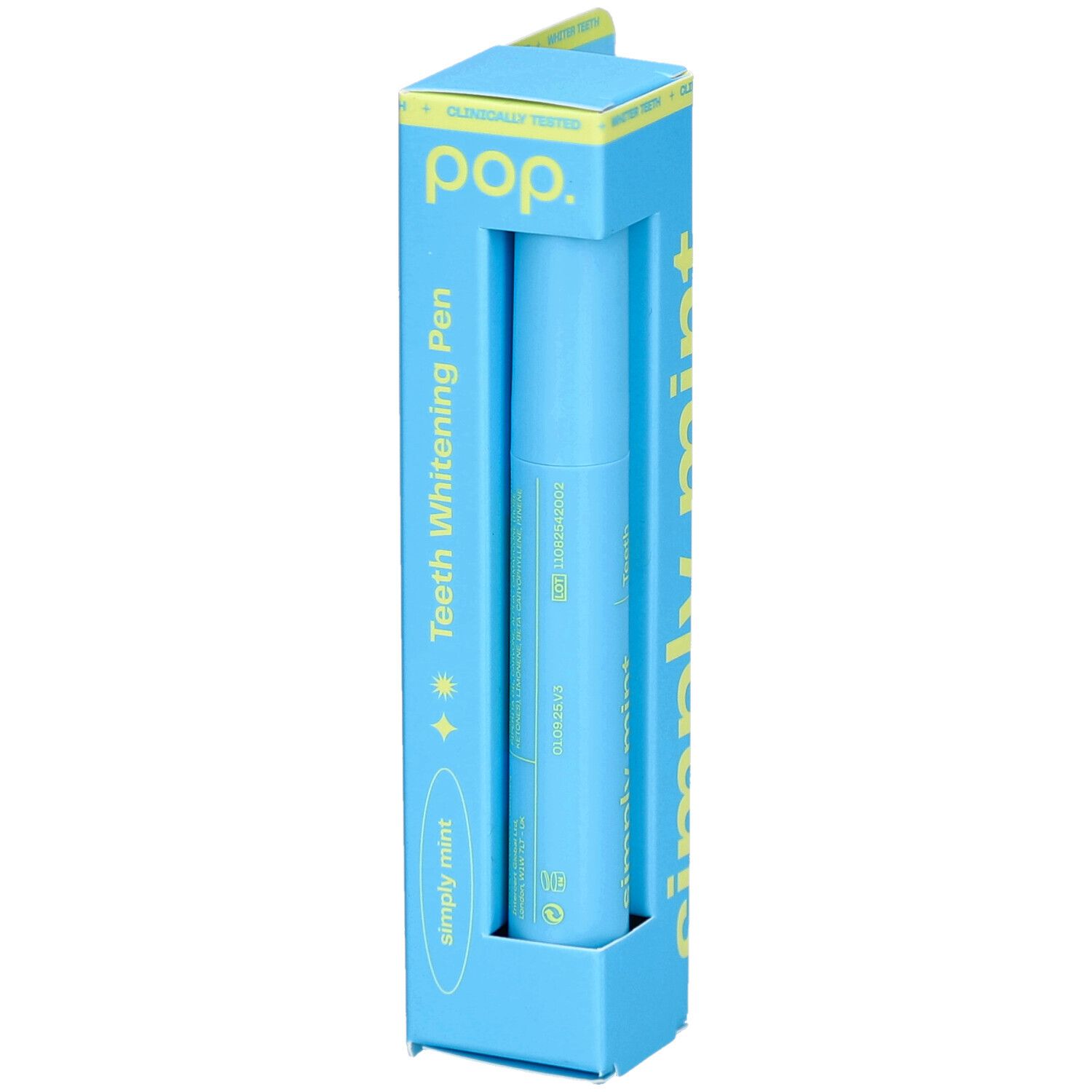Ensemble de stylo blanchissant pour les dents bleu Pop. Le stylo est dans l'emballage. Le stylo indique "Simply Mint".
