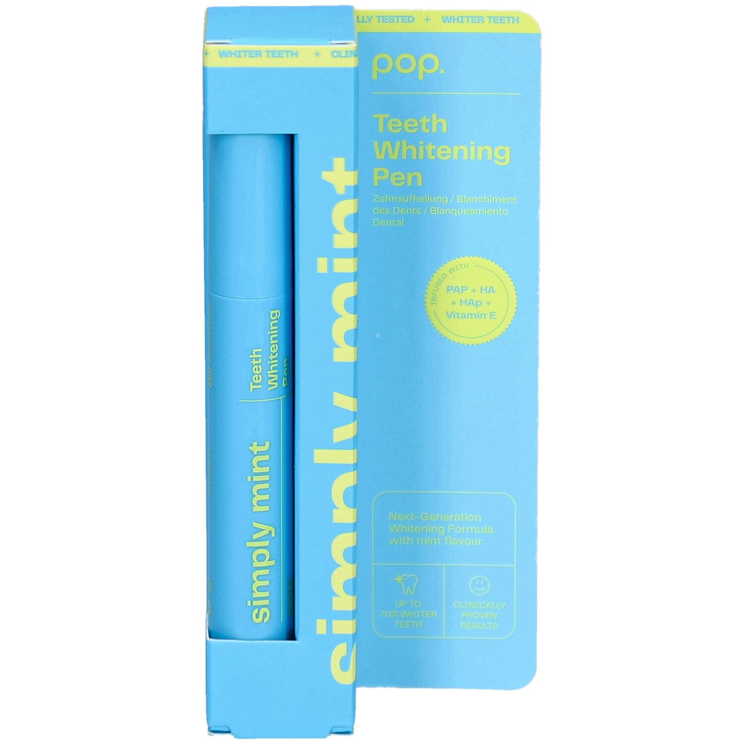 Ensemble de stylo blanchissant pour les dents bleu Pop. Le stylo et l'emballage indiquent "Simply Mint". L'emballage est ouvert.