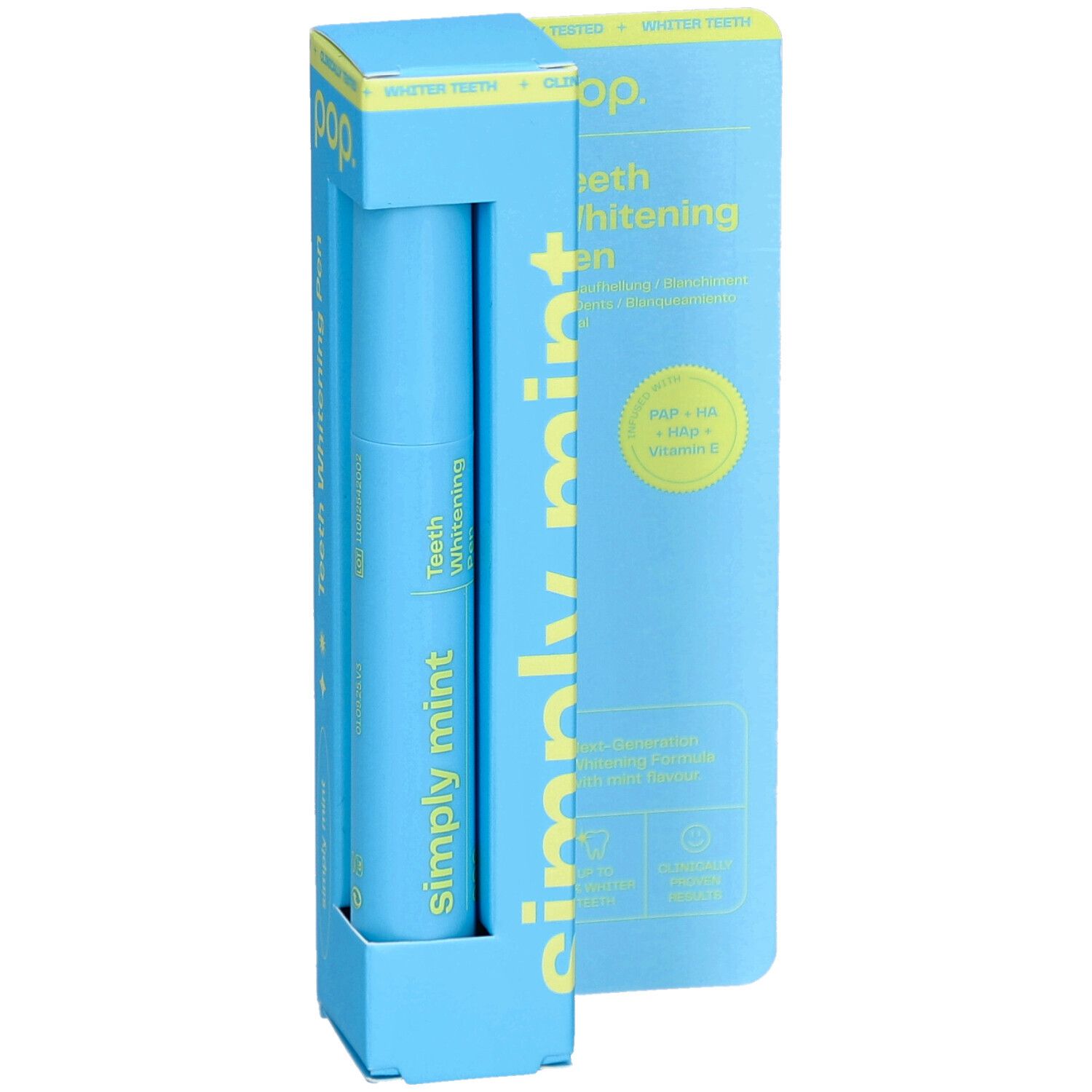 Ensemble de stylo blanchissant pour les dents bleu Pop. Le stylo et l'emballage indiquent "Simply Mint". L'emballage est ouvert.