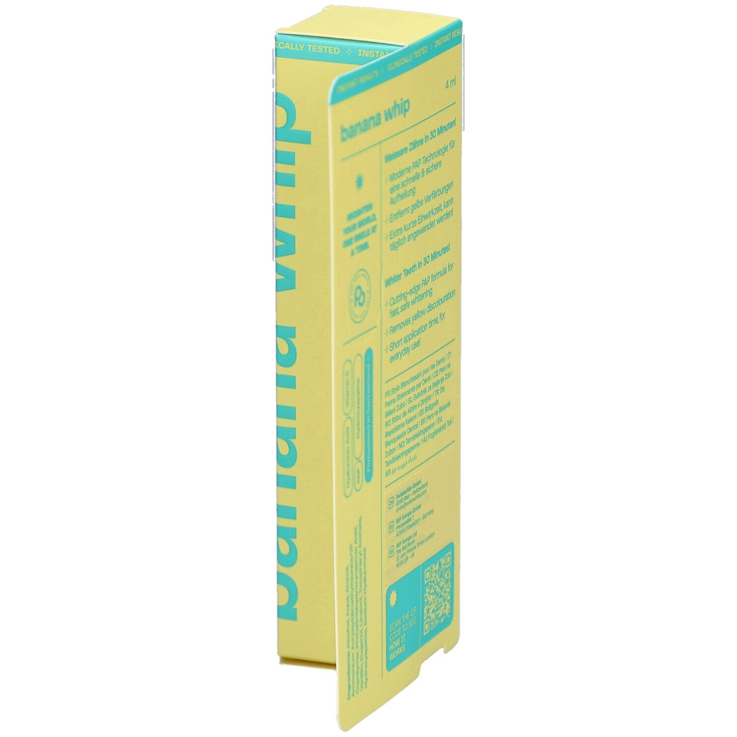 Emballage jaune avec stylo blanchissant Pop. Inscription: Banana Whip. Contient PAP, HA, vitamine E. Emballage ouvert.