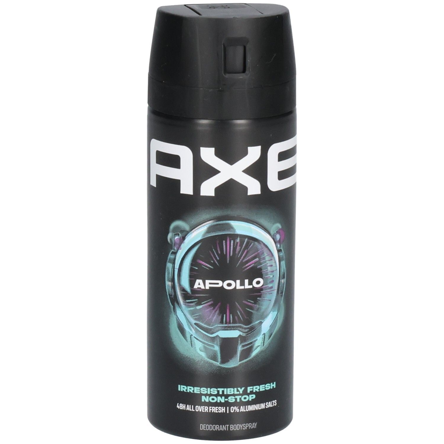 Bombe de déodorant noire avec logo AXE blanc et design Apollo. Texte: Irresistibly Fresh Non-Stop, 0% sels d'aluminium.