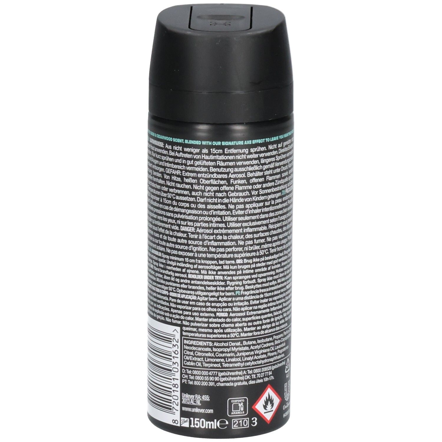 Bombe de déodorant, noire, avec texte et code-barres. Texte: 150ml, 210 3. Avertissements et symbole de flamme.