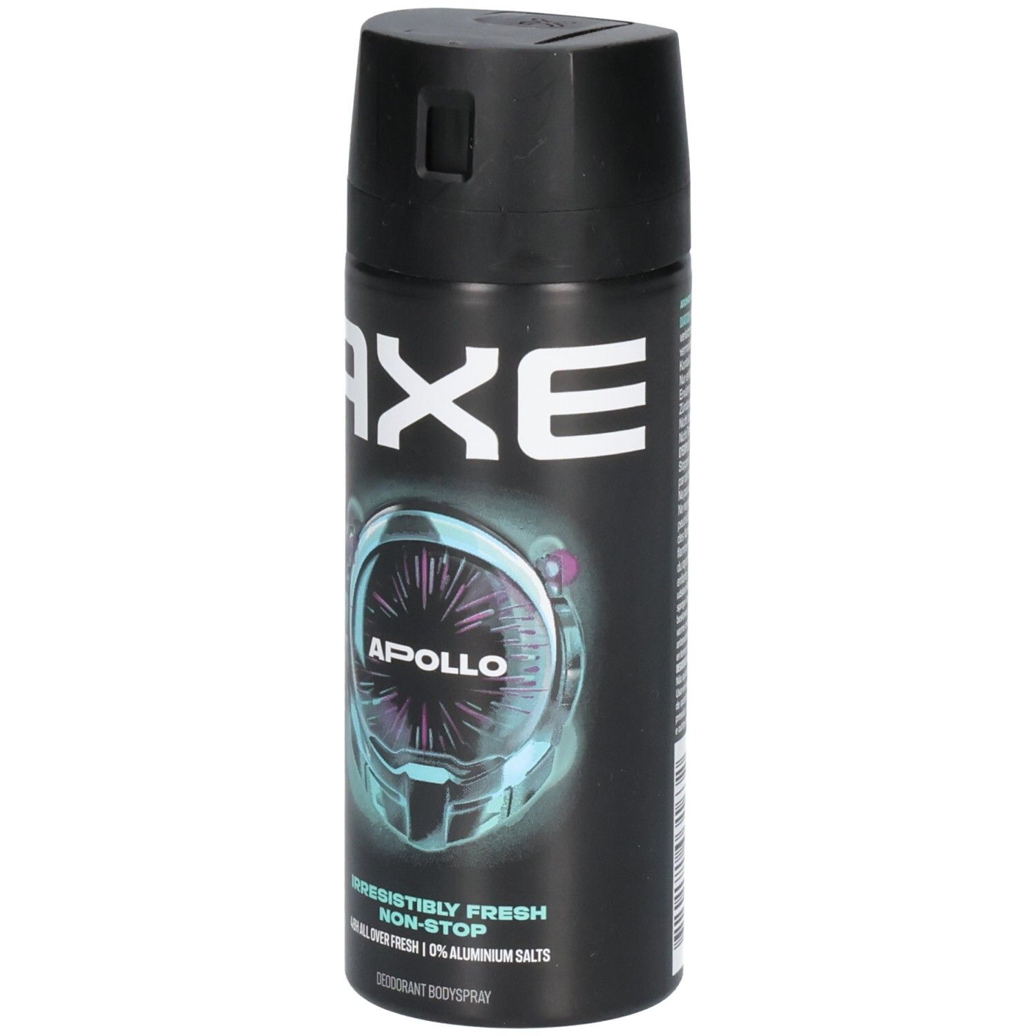Bombe de déodorant noire avec logo AXE blanc et design Apollo. Texte: Irresistibly Fresh Non-Stop, 0% sels d'aluminium.