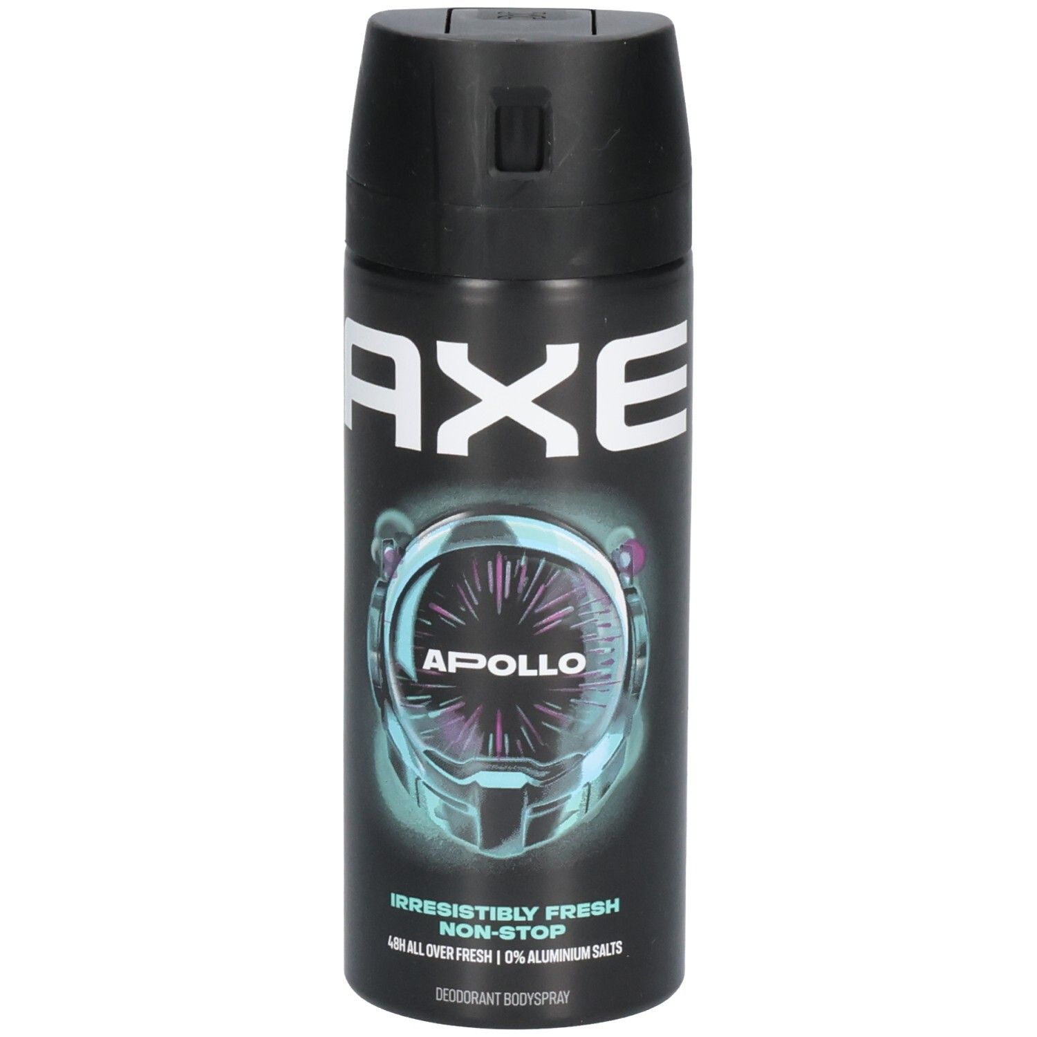 Bombe de déodorant noire avec logo AXE blanc et design Apollo. Texte: Irresistibly Fresh Non-Stop, 0% sels d'aluminium.