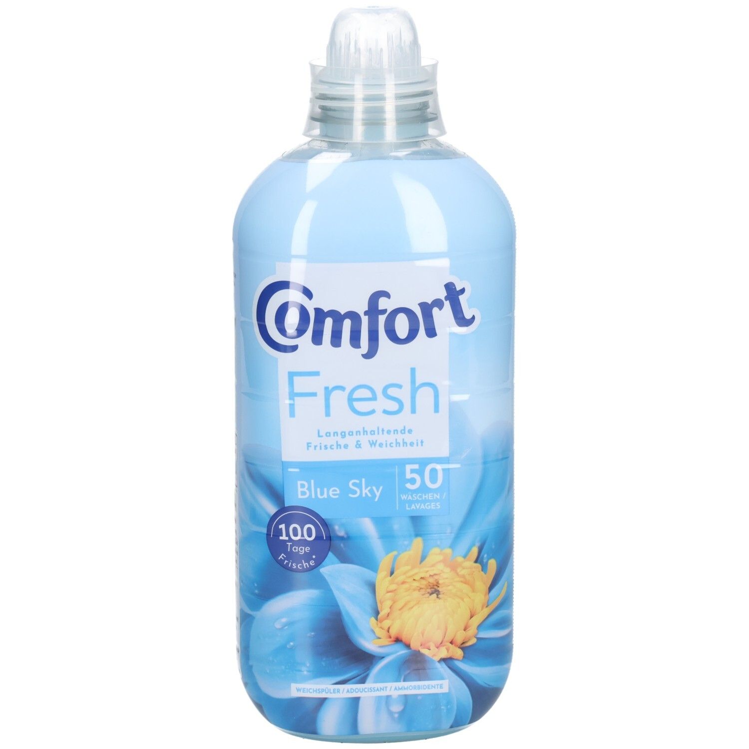 Bouteille bleu clair avec logo Comfort et "Fresh". "Blue Sky" et 50 lavages. Image d'une fleur.