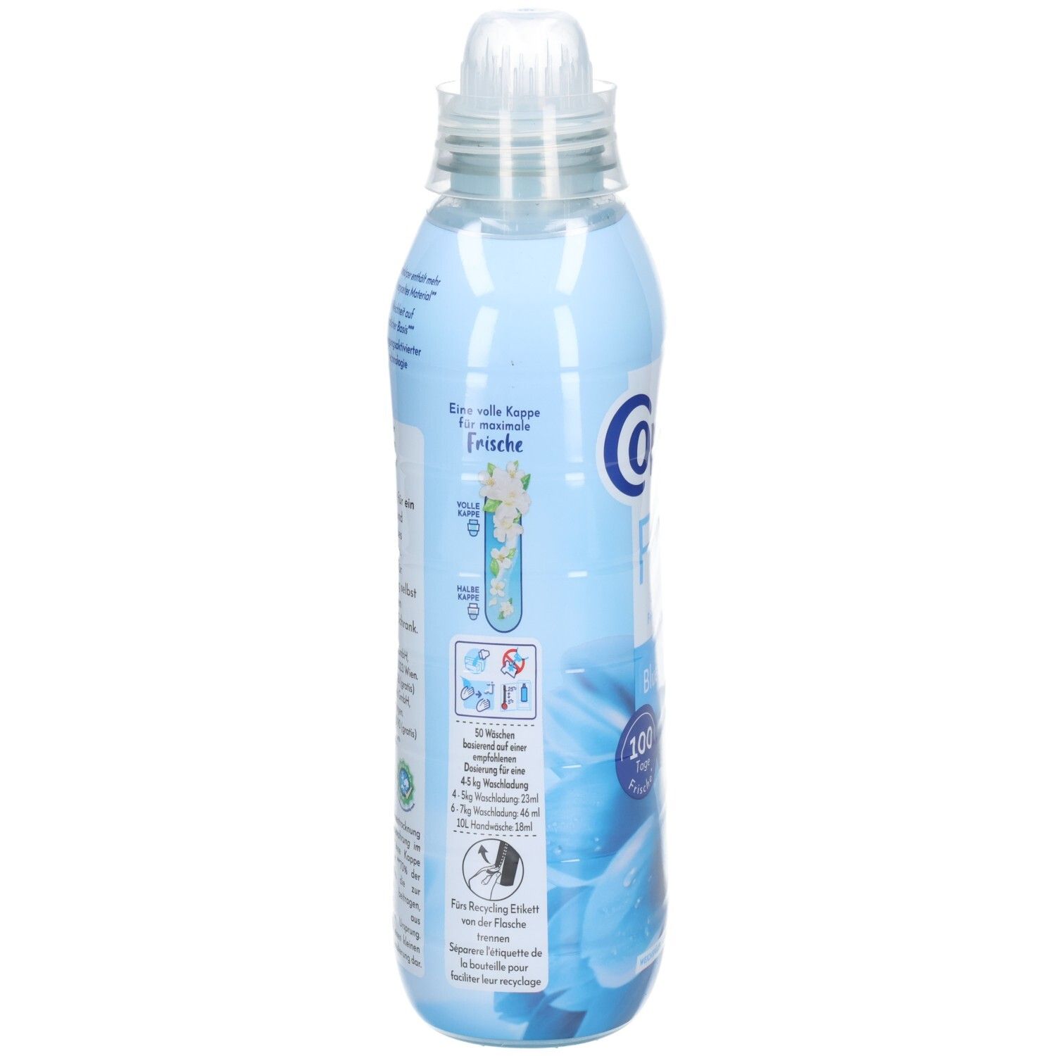Dos de la bouteille bleu clair. Informations textuelles, illustrations et code QR. Bouteille avec bouchon à vis.