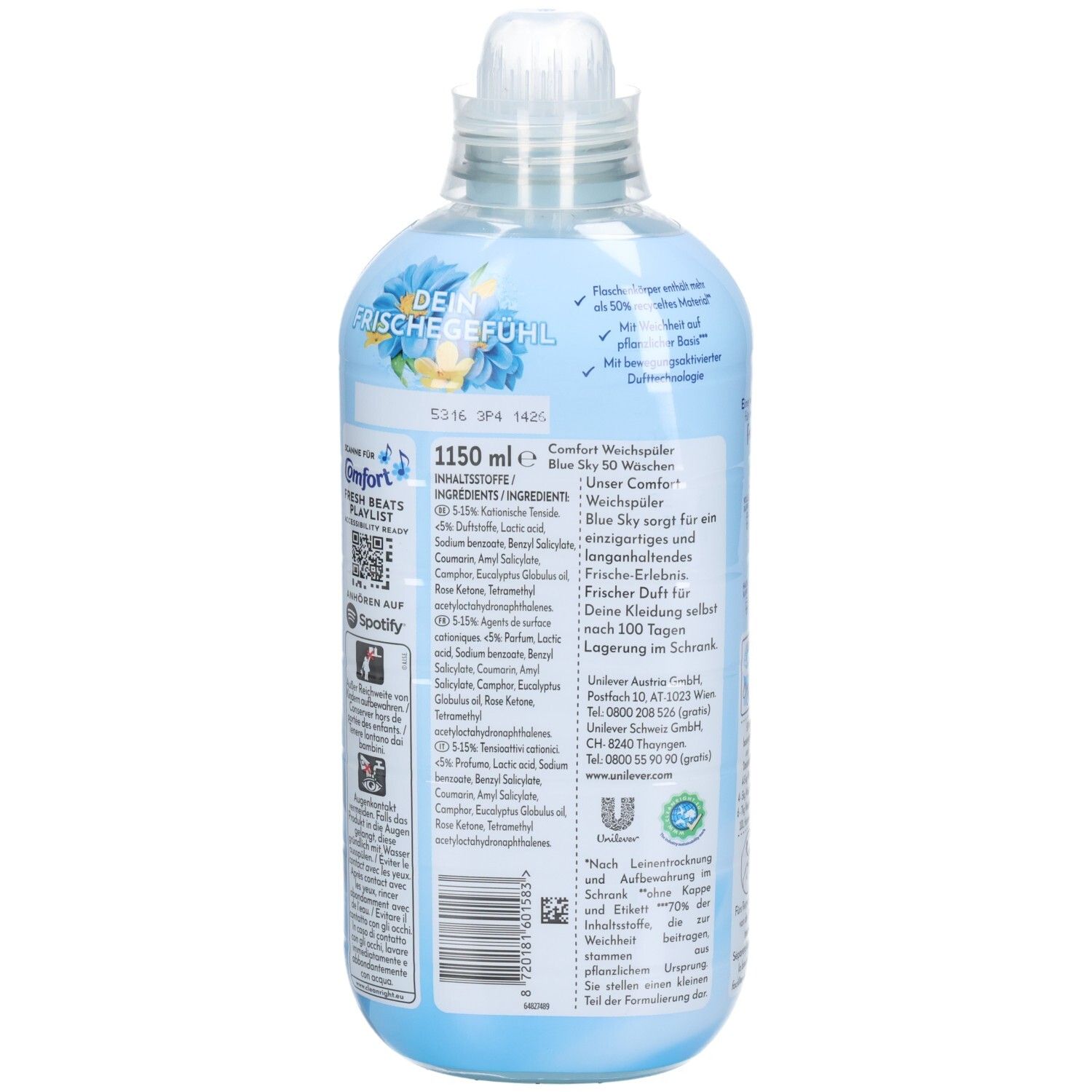 Dos de la bouteille bleu clair. Informations textuelles, ingrédients, code QR et logos. Bouteille avec bouchon à vis.