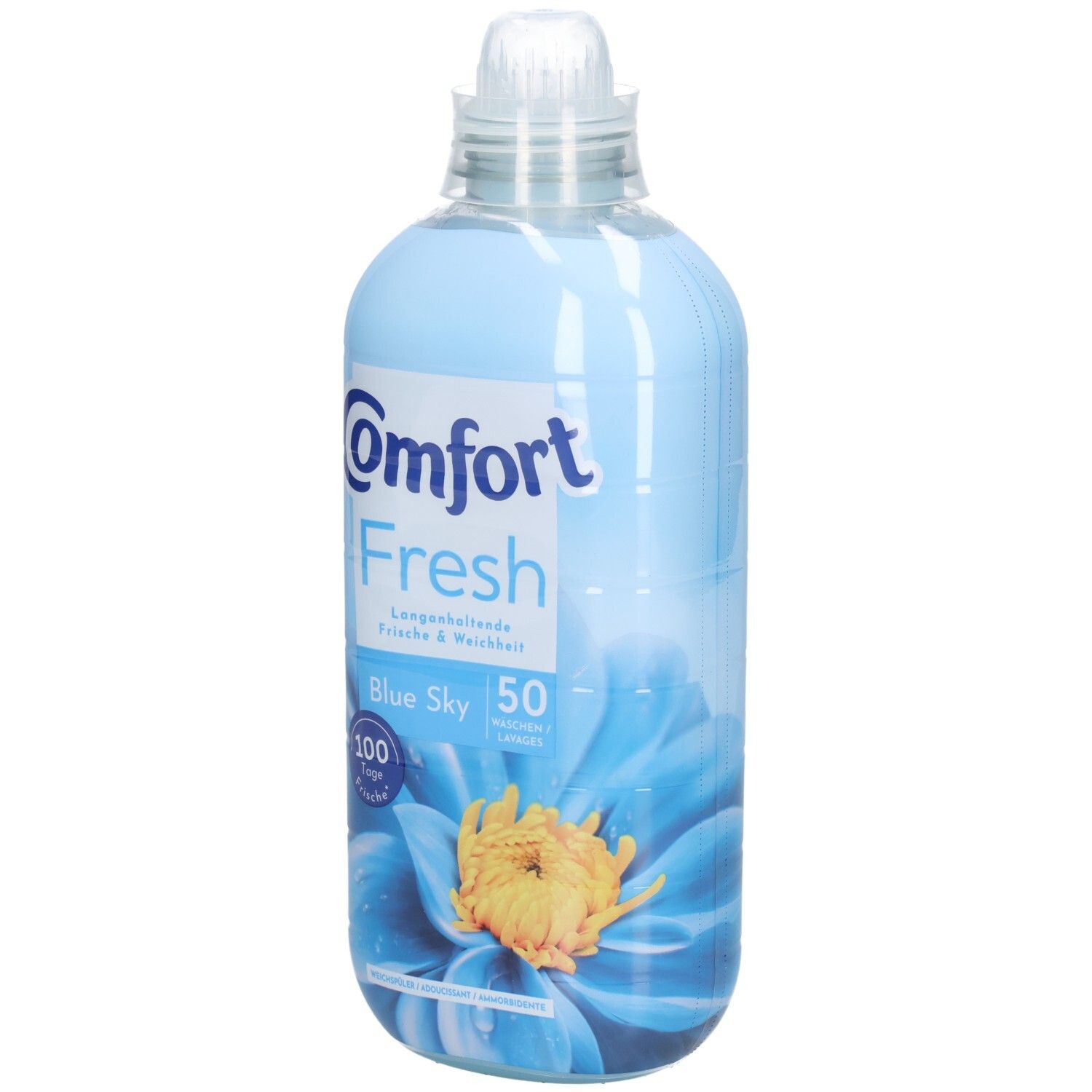 Bouteille bleu clair avec logo Comfort et "Fresh". "Blue Sky" et 50 lavages. Image d'une fleur.
