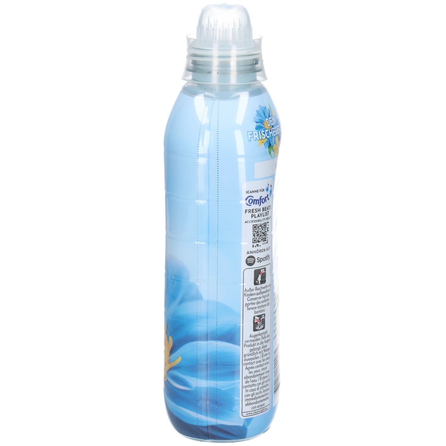 Côté de la bouteille bleu clair. Informations textuelles et code QR. Bouteille avec bouchon à vis. Fleur en arrière-plan.