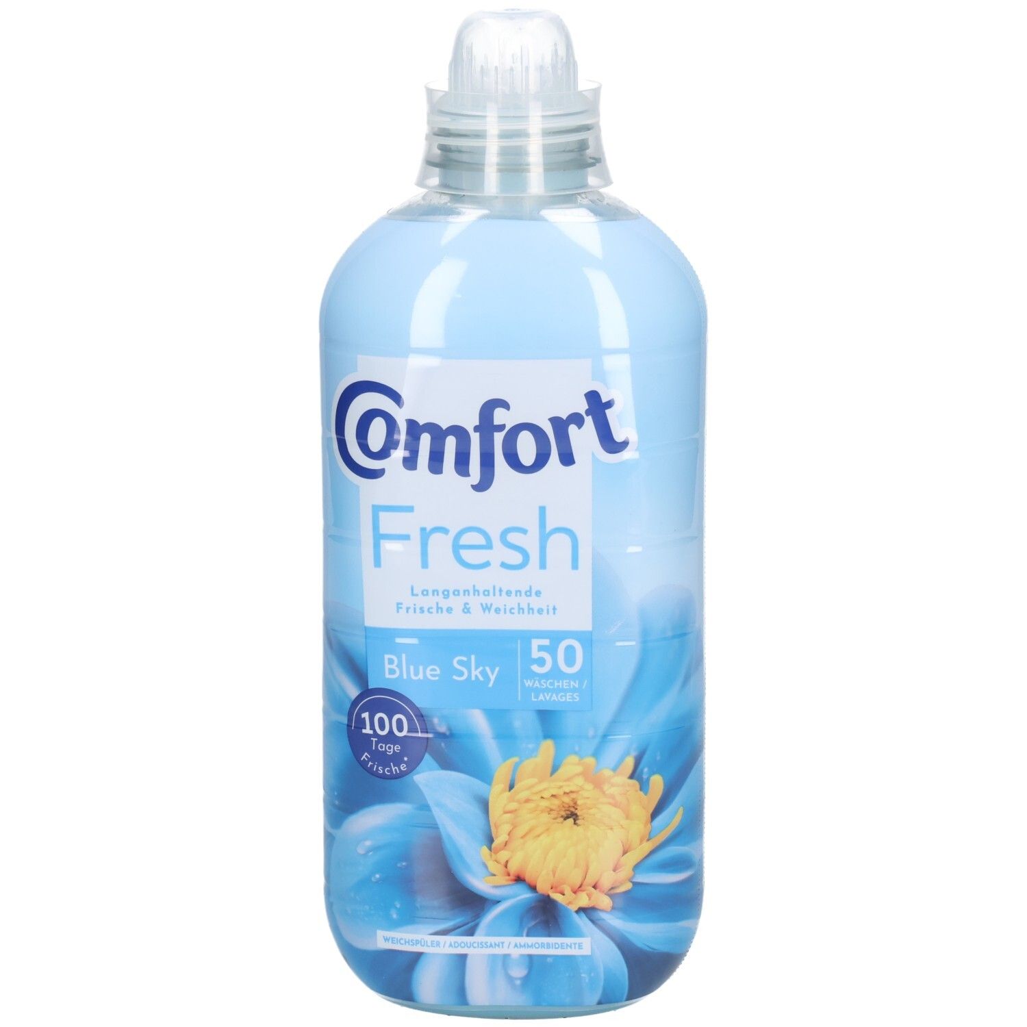 Bouteille bleu clair avec logo Comfort et "Fresh". "Blue Sky" et 50 lavages. Image d'une fleur.