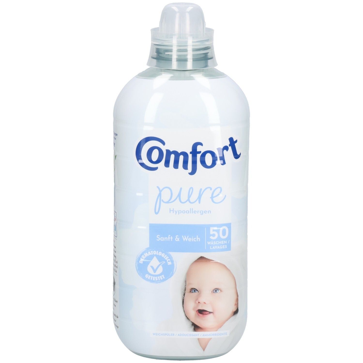 Bouteille avec étiquette bleue. Inscription Comfort pure, hypoallergénique. Visage de bébé. 50 lavages.