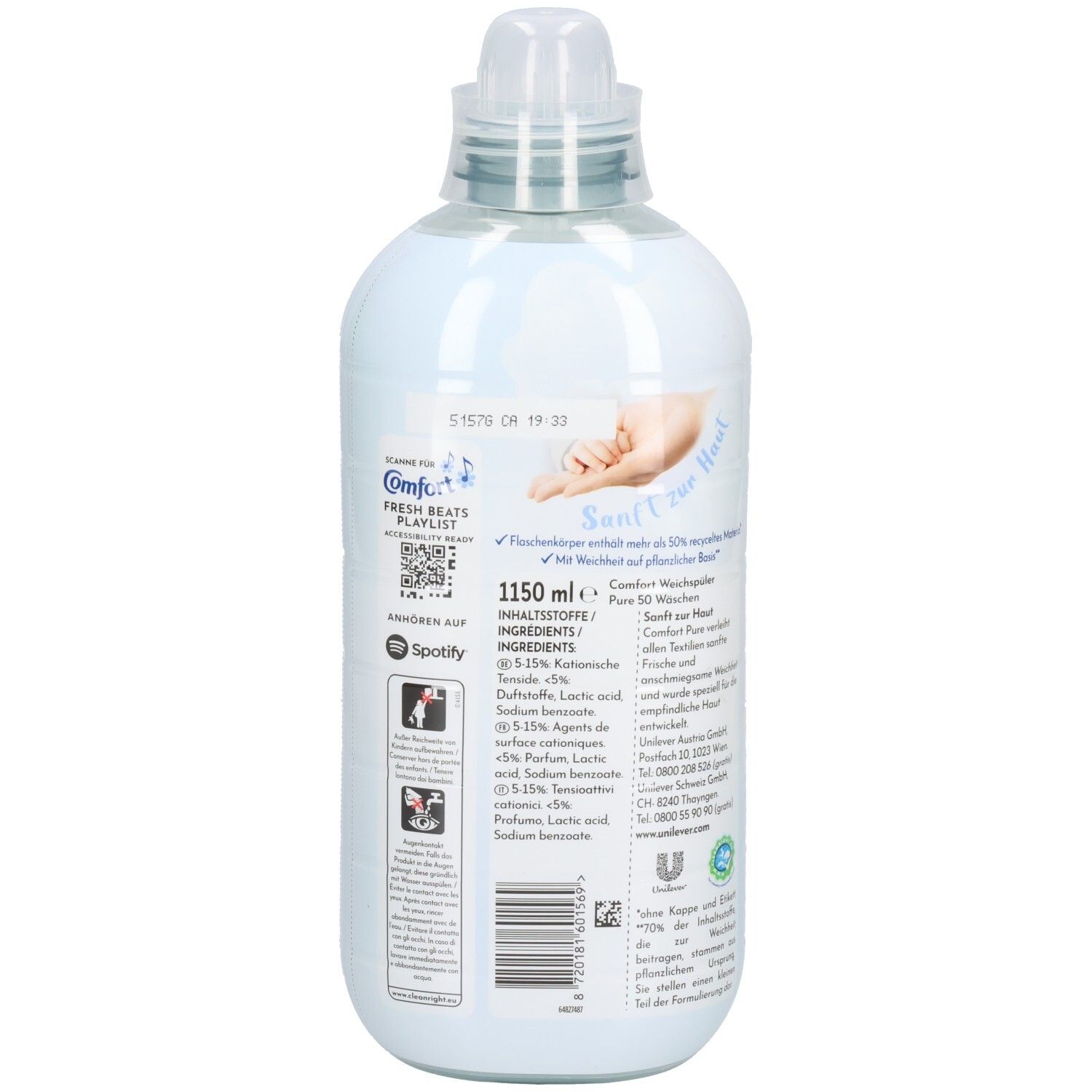 Dos de la bouteille. Texte : Comfort, 1150 ml, ingrédients, code Spotify. Main sur fond bleu.