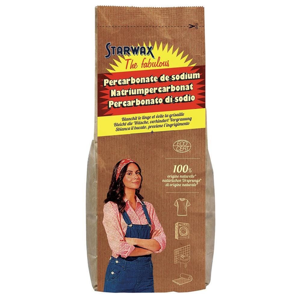 Sachet de STARWAX Natriumpercarbonat. Inscriptions : nom du produit, femme, symboles de lavage, éco-certification. Emballage en papier brun.