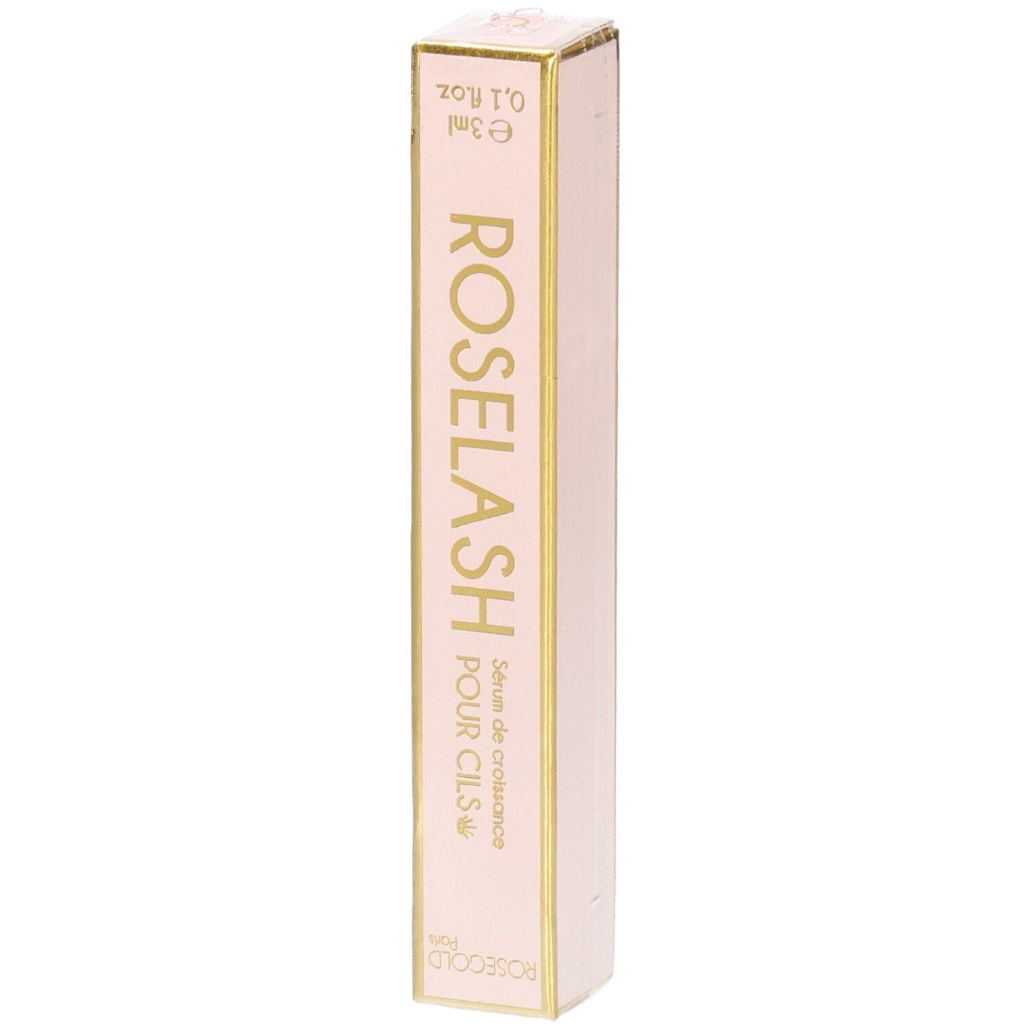 Boîte de sérum pour cils Roselash de Rosegold Paris. Rose et or. Inscription: ROSE LASH POUR CILS. 3ml.