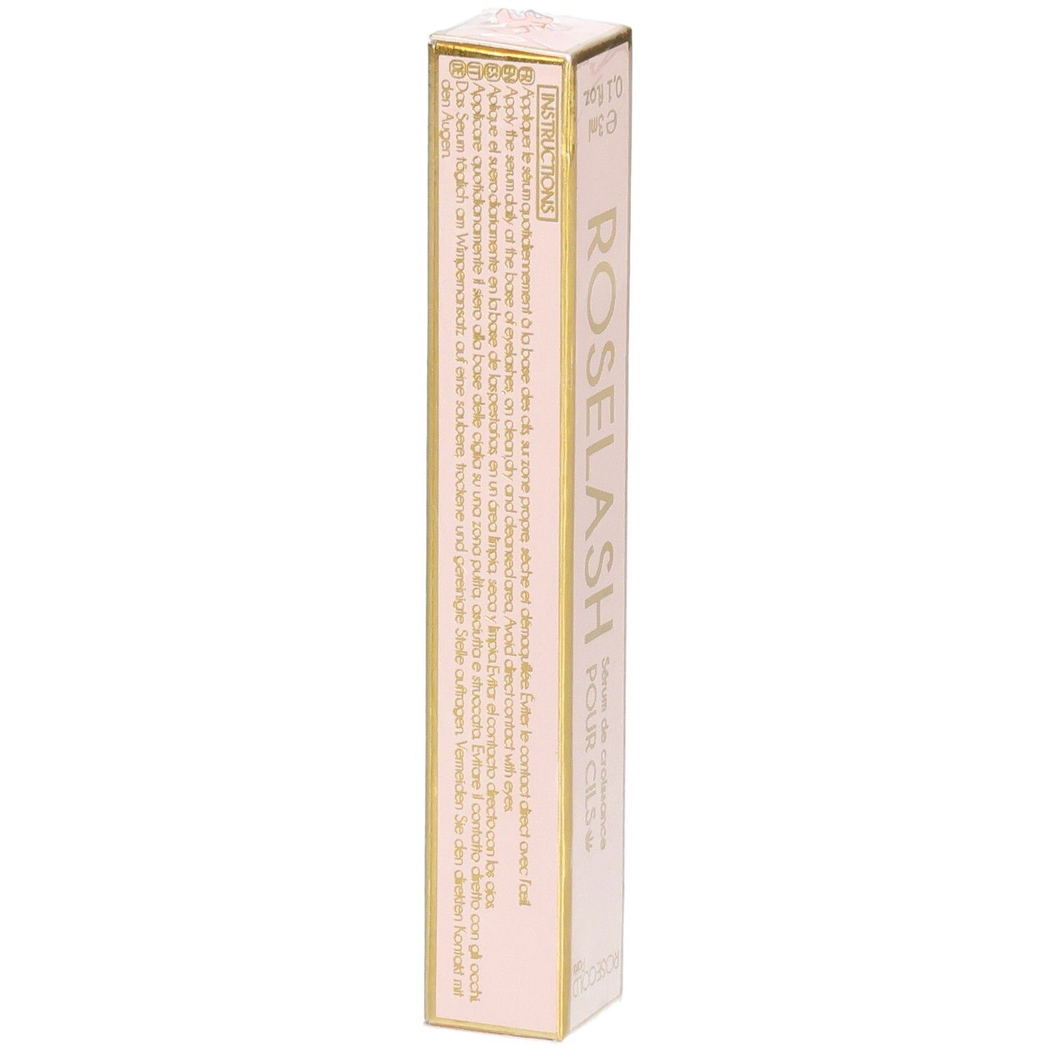 Dos de la boîte de sérum Roselash. Texte multilingue. Ingrédients et informations sur le produit.