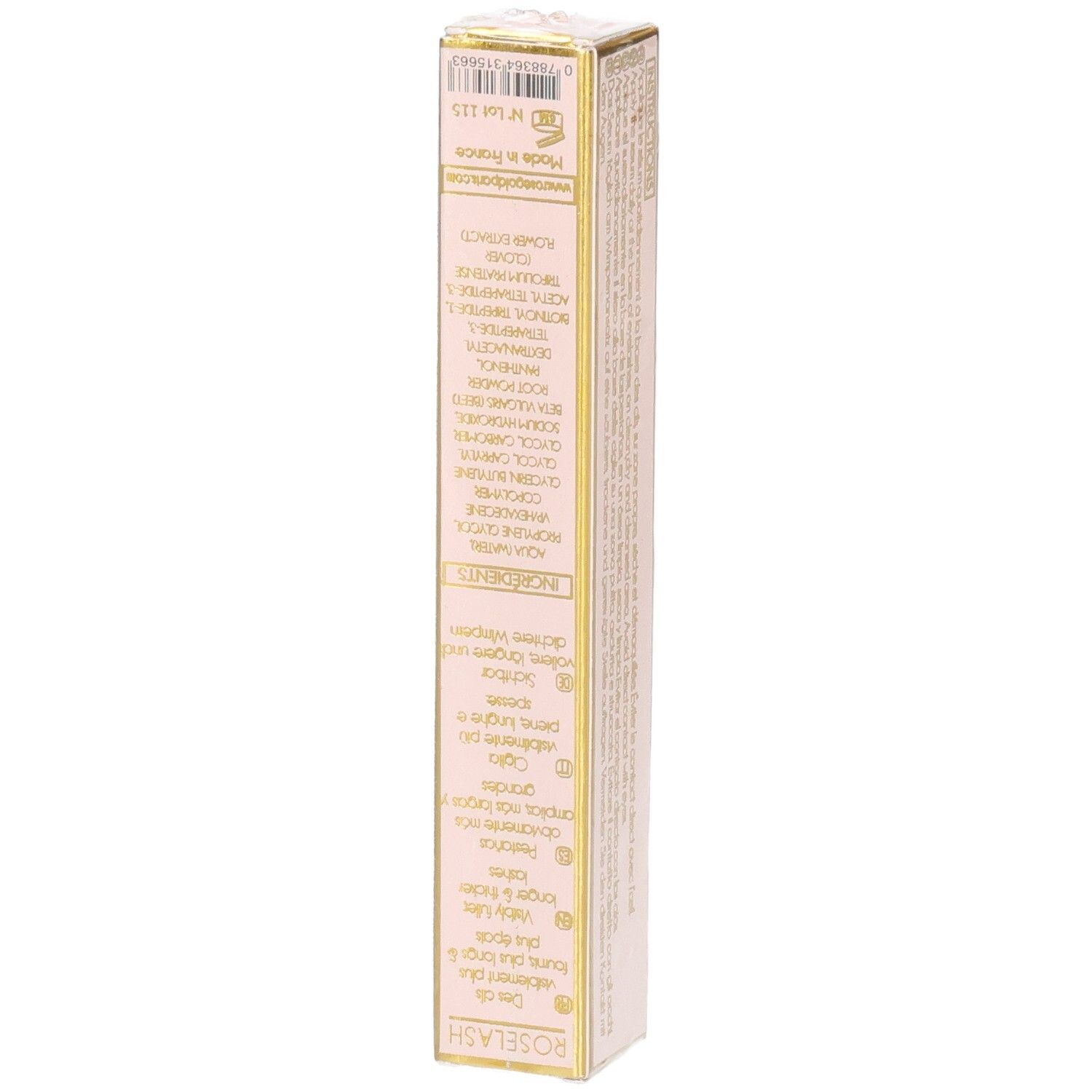 Dos de la boîte de sérum Roselash. Texte multilingue. Ingrédients et informations sur le produit.
