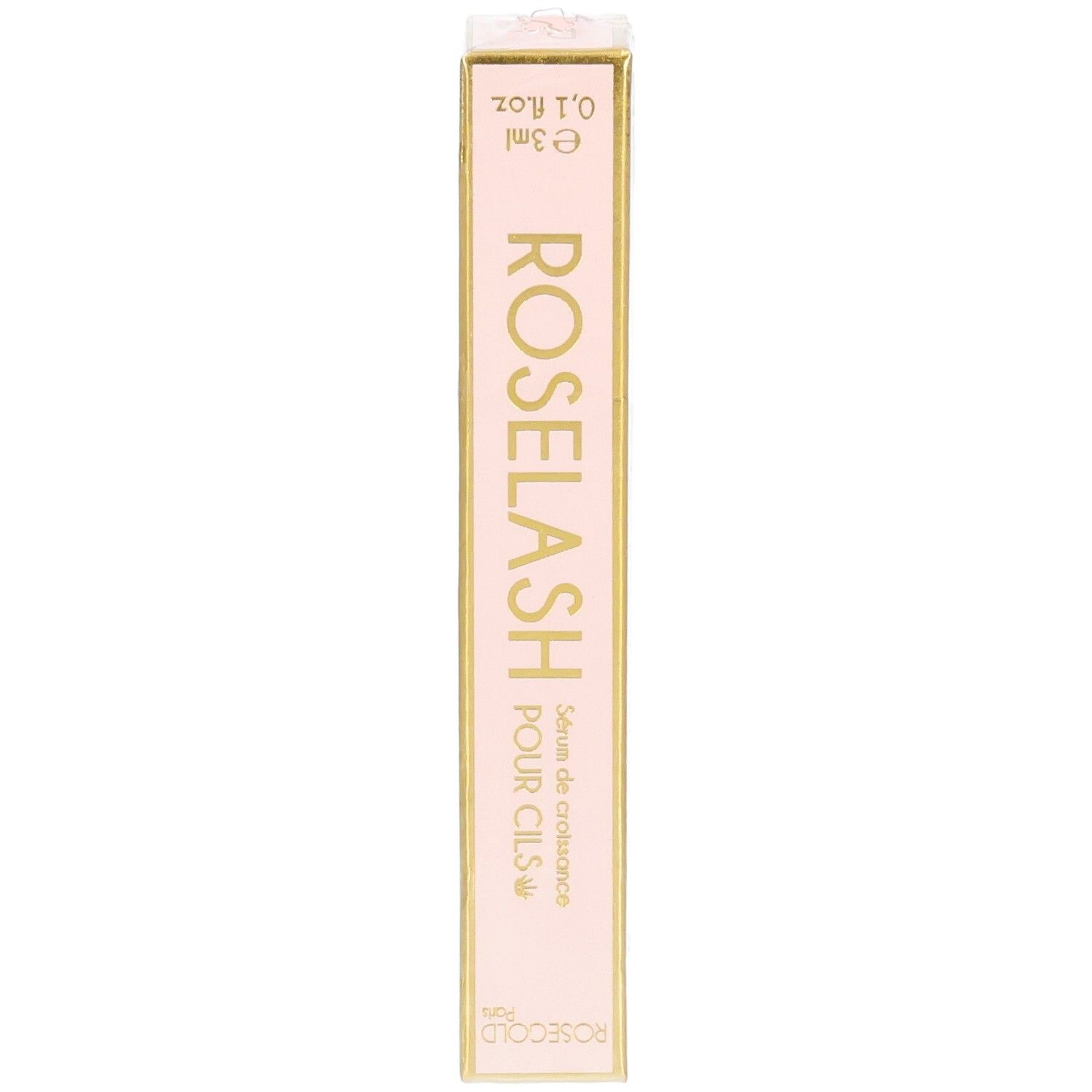 Boîte de sérum pour cils Roselash de Rosegold Paris. Rose et or. Inscription: ROSE LASH POUR CILS. 3ml.