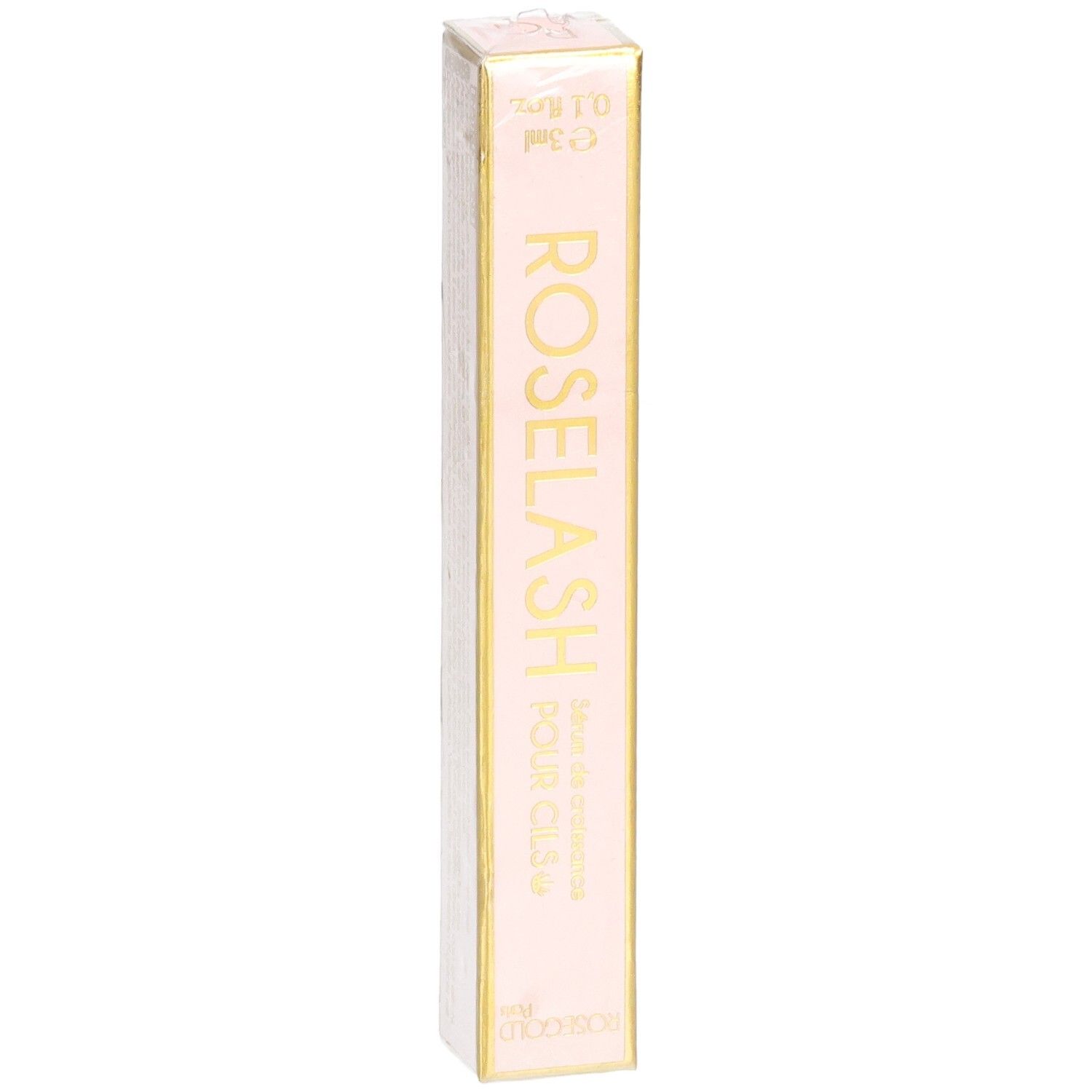 Boîte de sérum pour cils Roselash de Rosegold Paris. Rose et or. Inscription: ROSE LASH POUR CILS. 3ml.