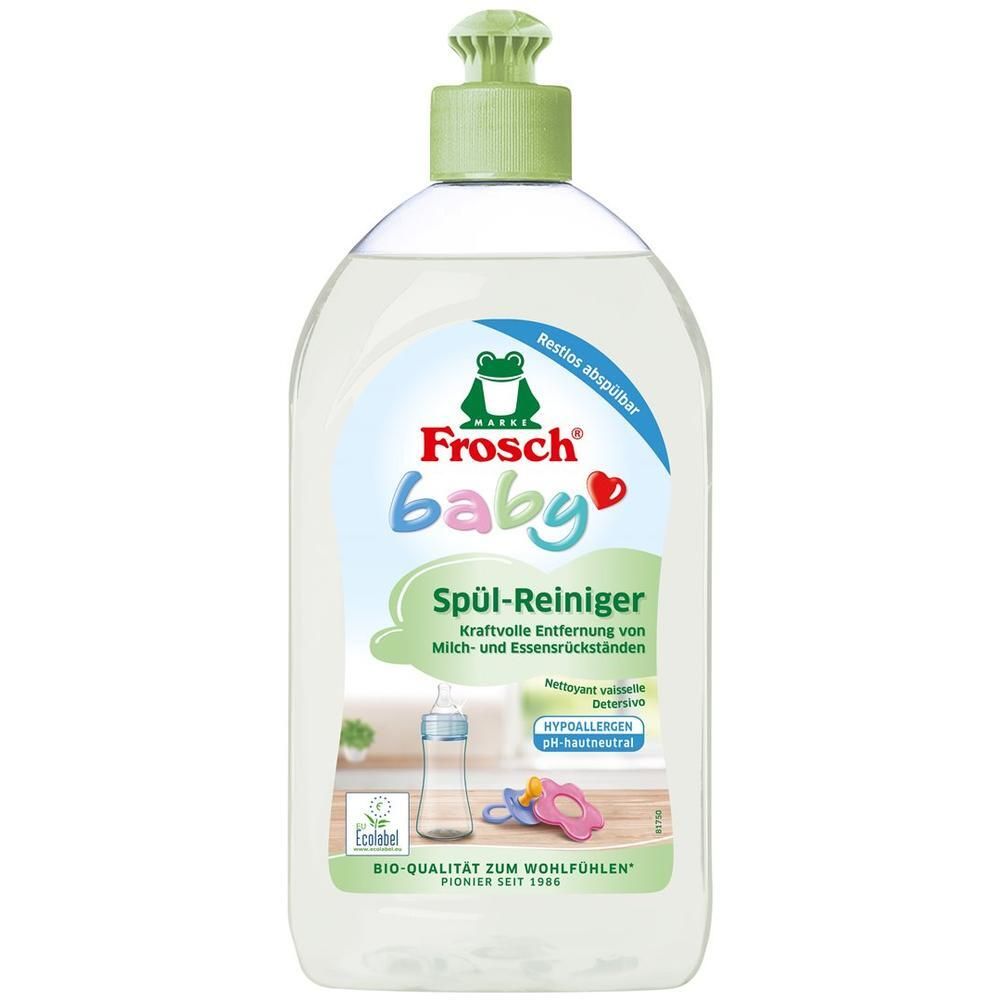 Bouteille de liquide vaisselle avec bouchon vert. Inscription "Frosch baby". Étiquette avec biberon et sucette. Qualité biologique.