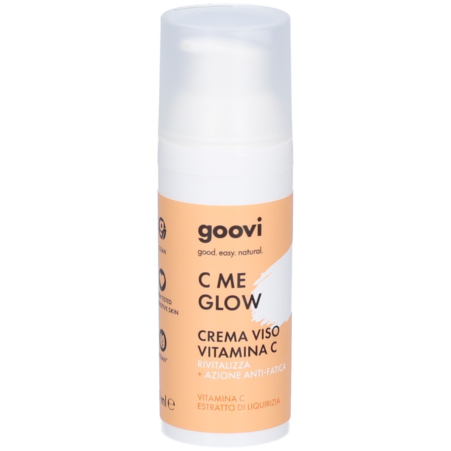 Flacon blanc avec pompe doseuse. Étiquette avec nom du produit et ingrédients. Goovi C ME GLOW.