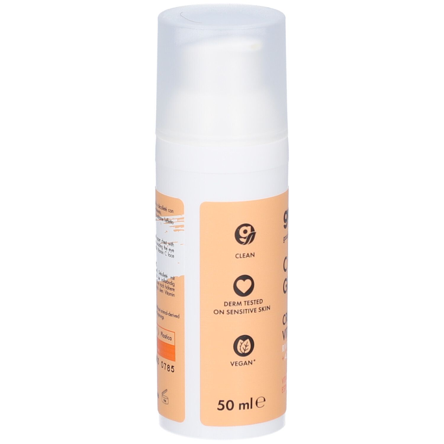 Dos du flacon blanc. Autocollant avec logos : Clean, Testé dermato, Vegan. 50 ml.