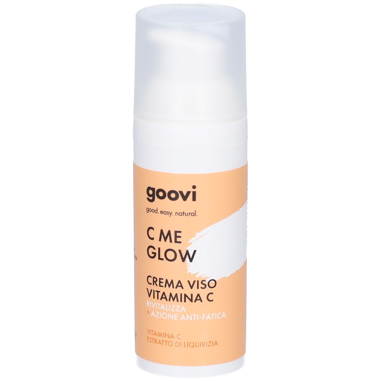 Flacon blanc avec pompe doseuse. Étiquette avec nom du produit et ingrédients. Goovi C ME GLOW.