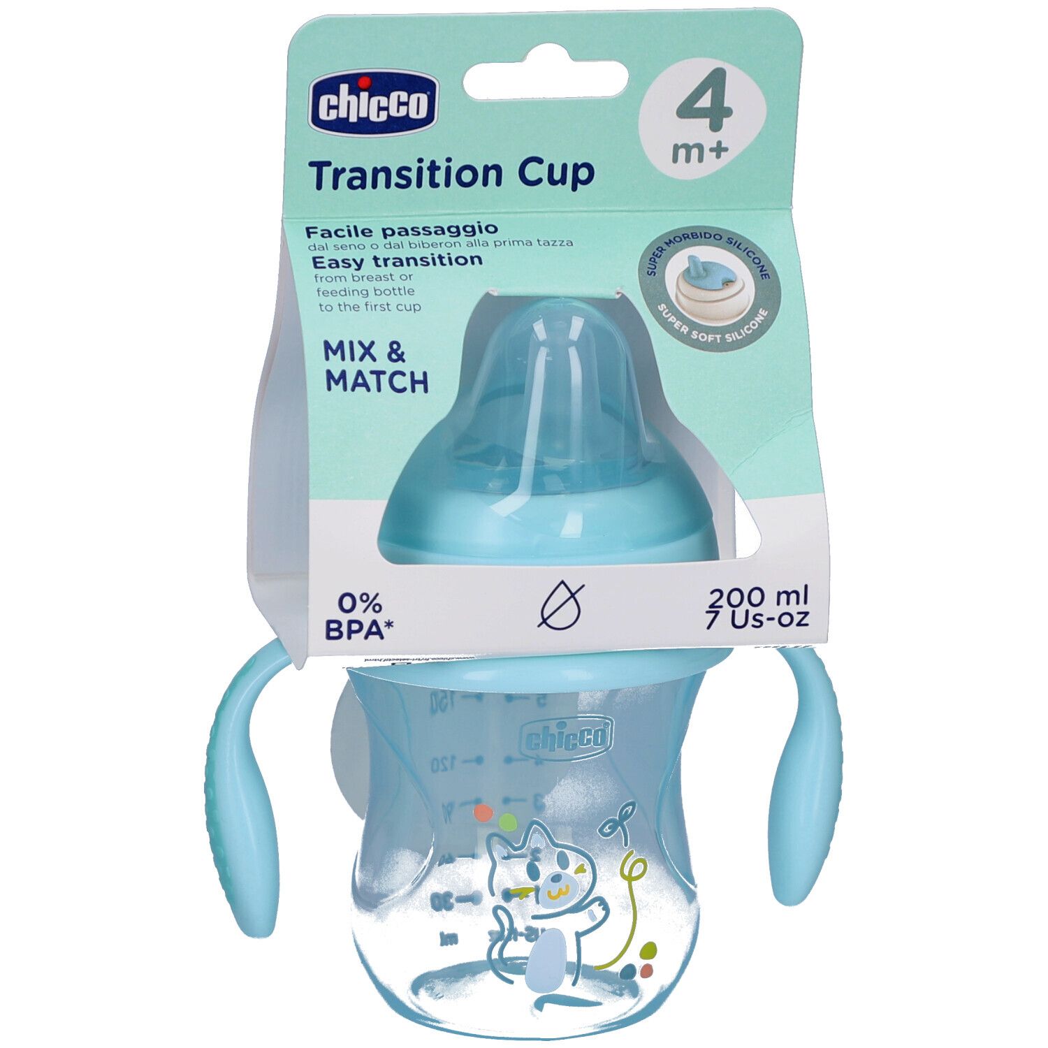 Gobelet de transition bleu avec poignées et tétine. Emballage avec nom et logo du produit. 200 ml.