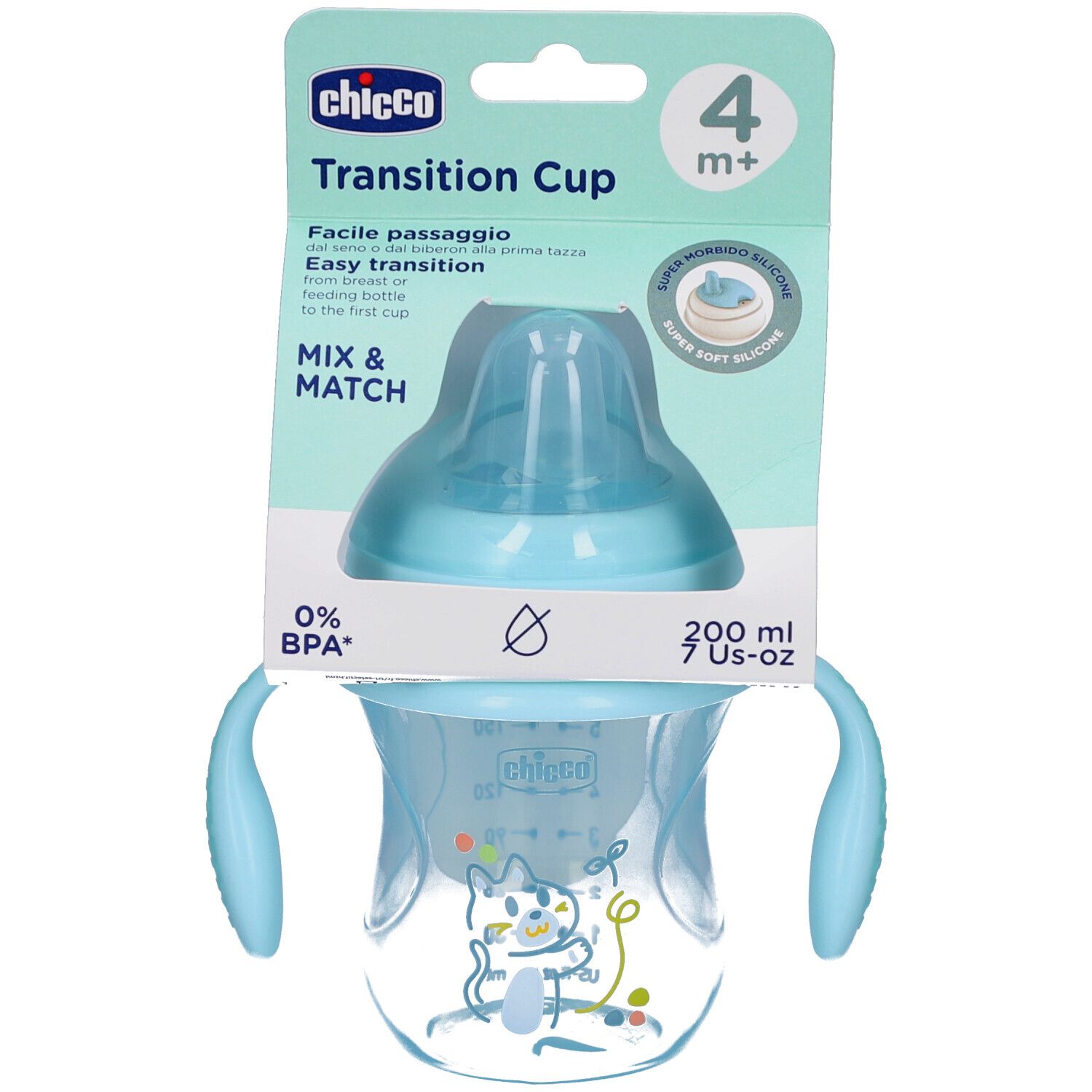 Gobelet de transition bleu avec poignées et tétine. Emballage avec nom et logo du produit. 200 ml.