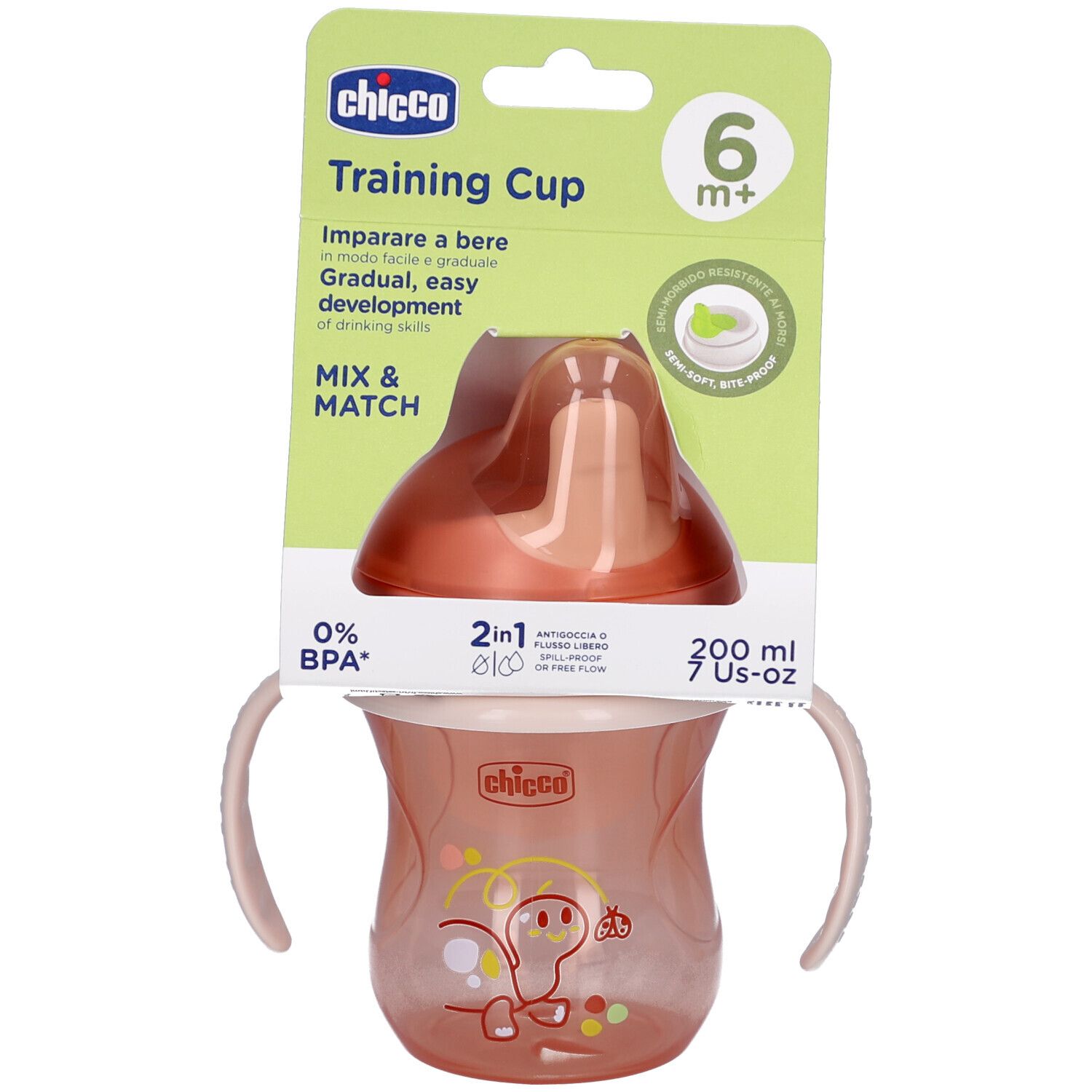 Gobelet d'apprentissage Chicco rose avec poignées et bec. Emballage avec informations produit.