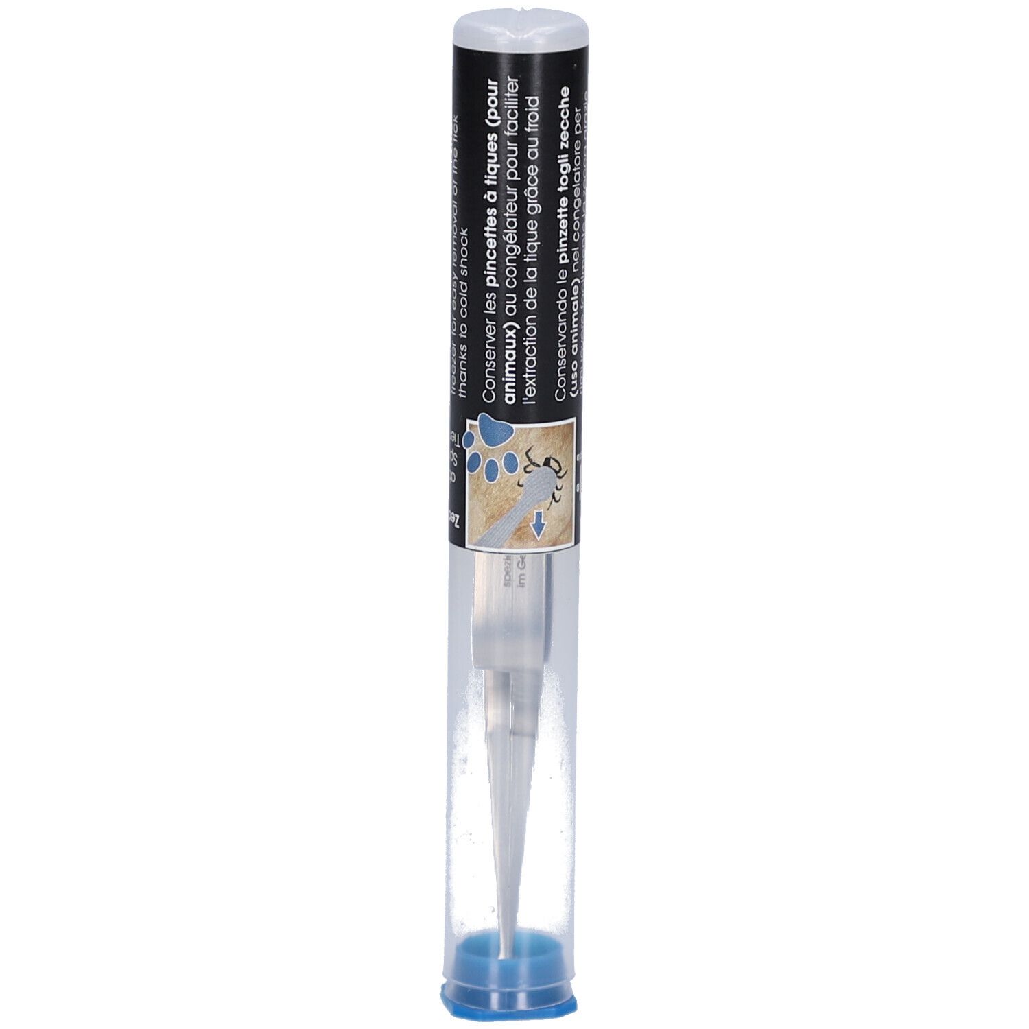 Pince à tiques pour animaux dans un étui transparent. Texte noir avec informations produit. Capuchon bleu en bas.