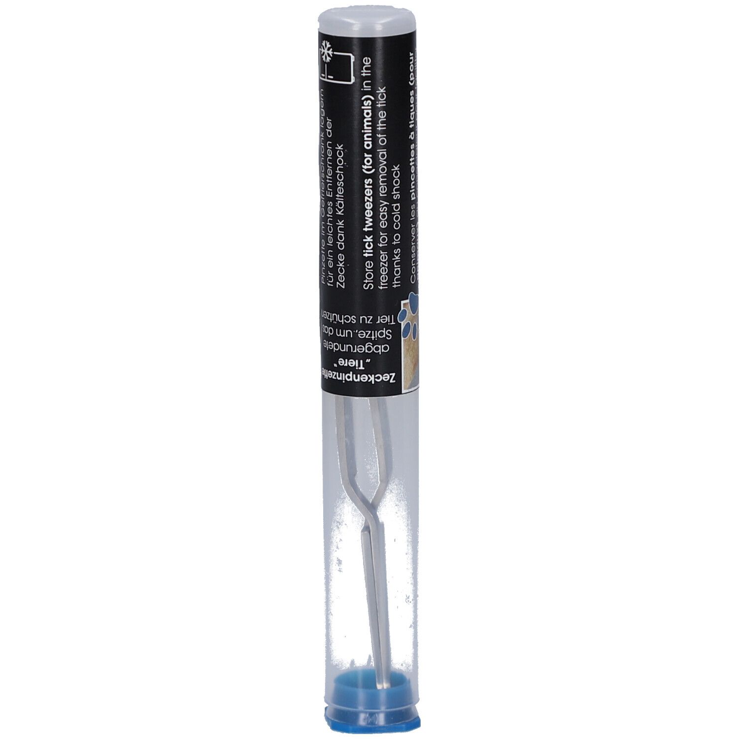 Pince à tiques dans un étui transparent. Texte noir avec informations produit. Capuchon bleu en bas.