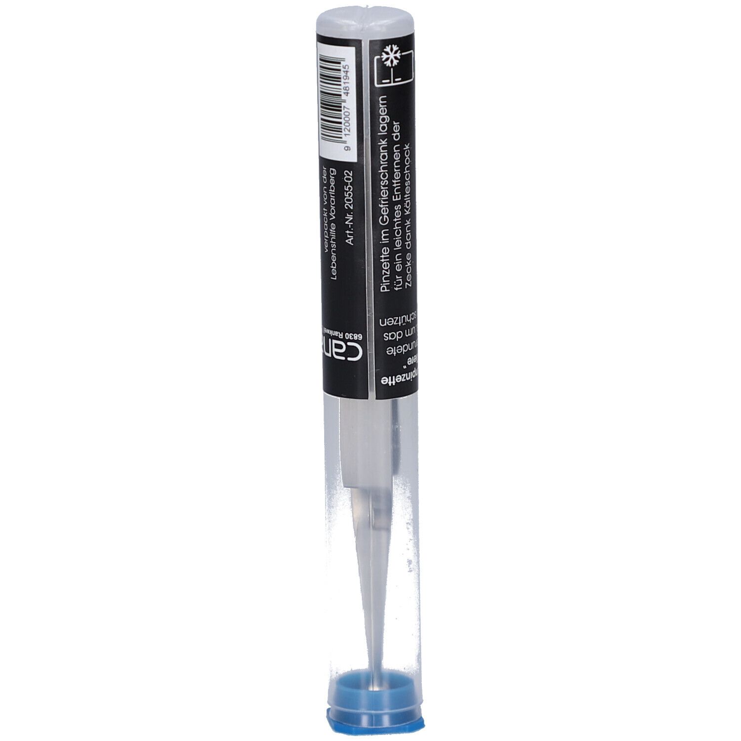 Pince à tiques dans un étui transparent. Texte noir avec informations produit. Capuchon bleu en bas.