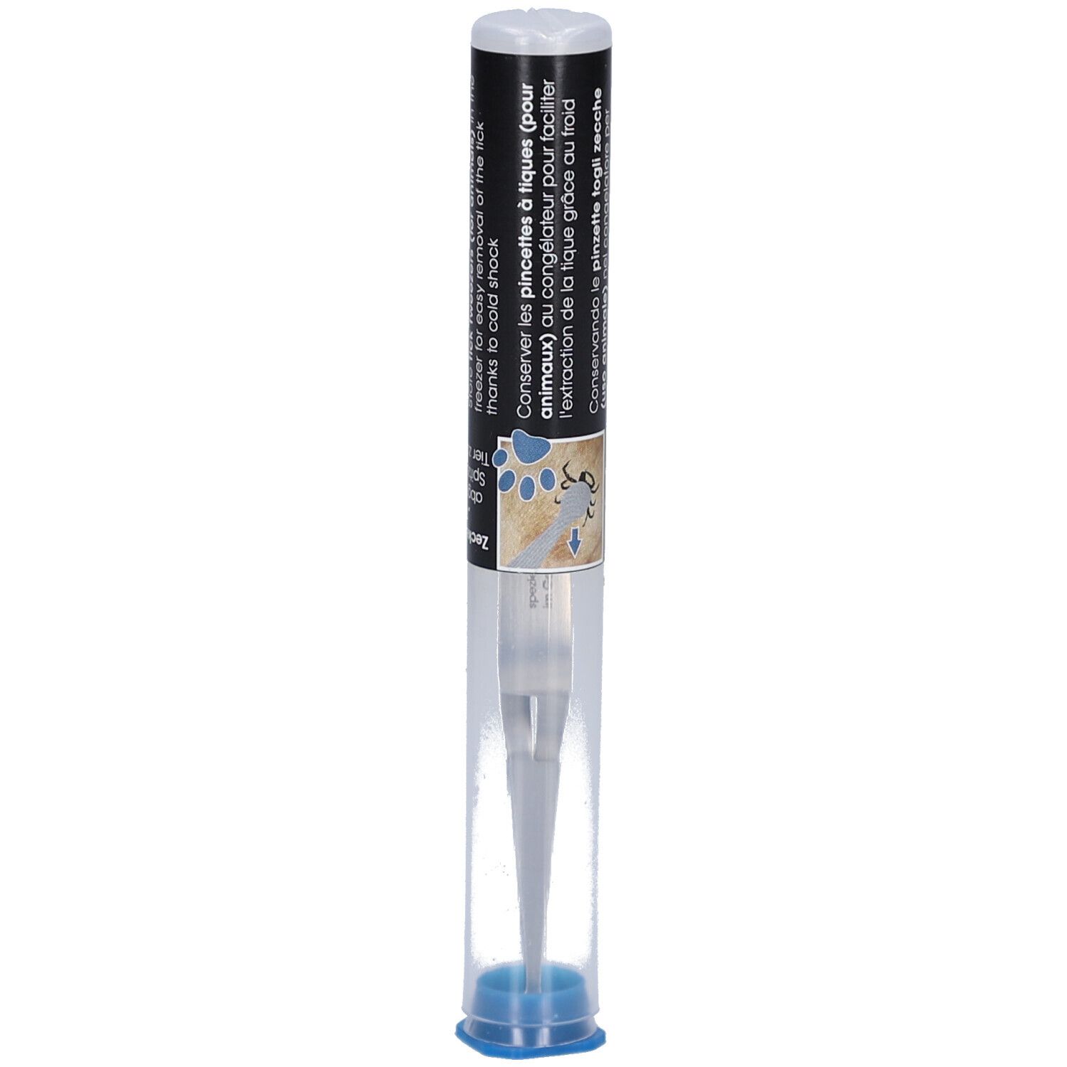 Pince à tiques pour animaux dans un étui transparent. Texte noir avec informations produit. Capuchon bleu en bas.