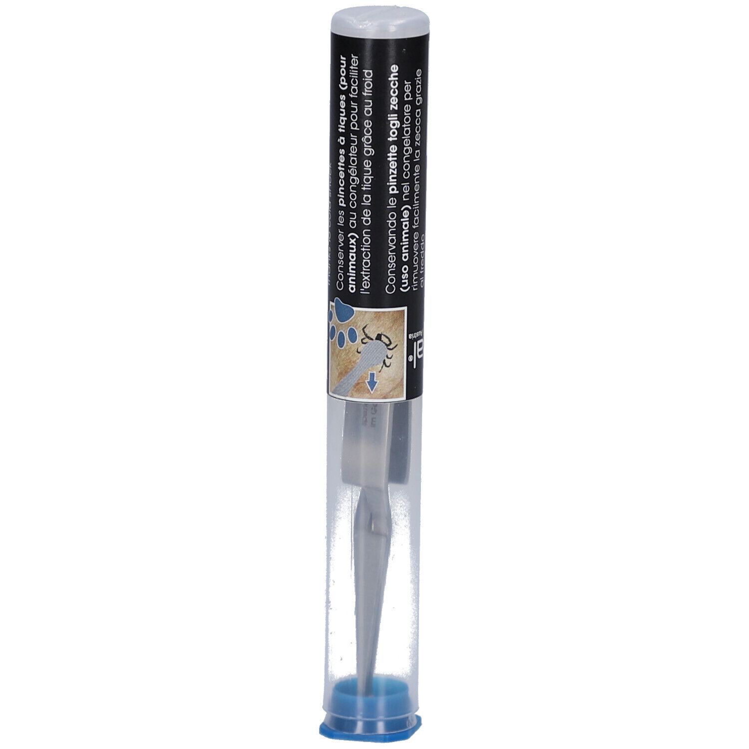 Pince à tiques pour animaux dans un étui transparent. Texte noir avec informations produit. Capuchon bleu en bas.