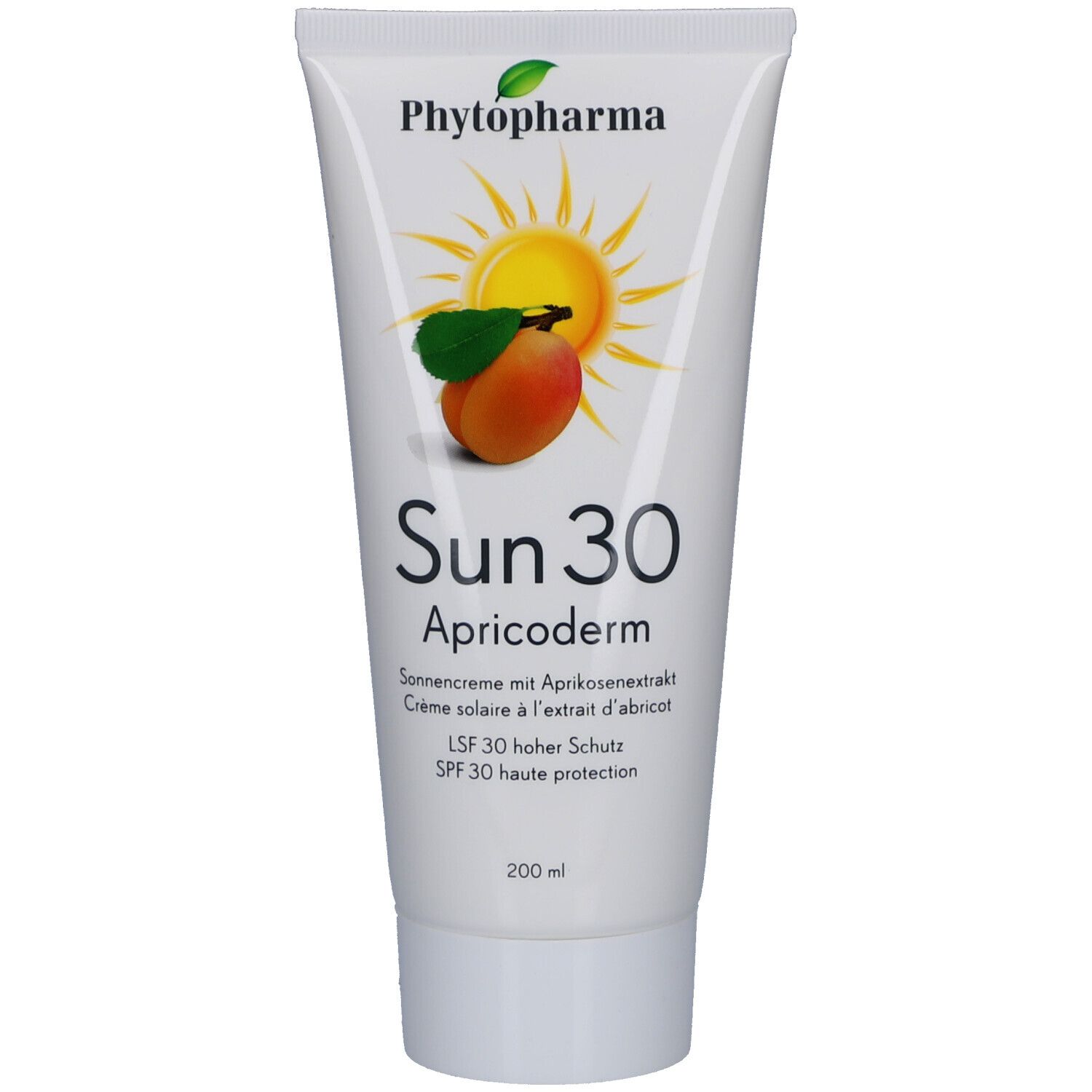 Tube blanche de crème solaire. Inscription: Phytopharma, Sun 30 Apricoderm, crème solaire, SPF 30. Illustration: abricot et soleil.