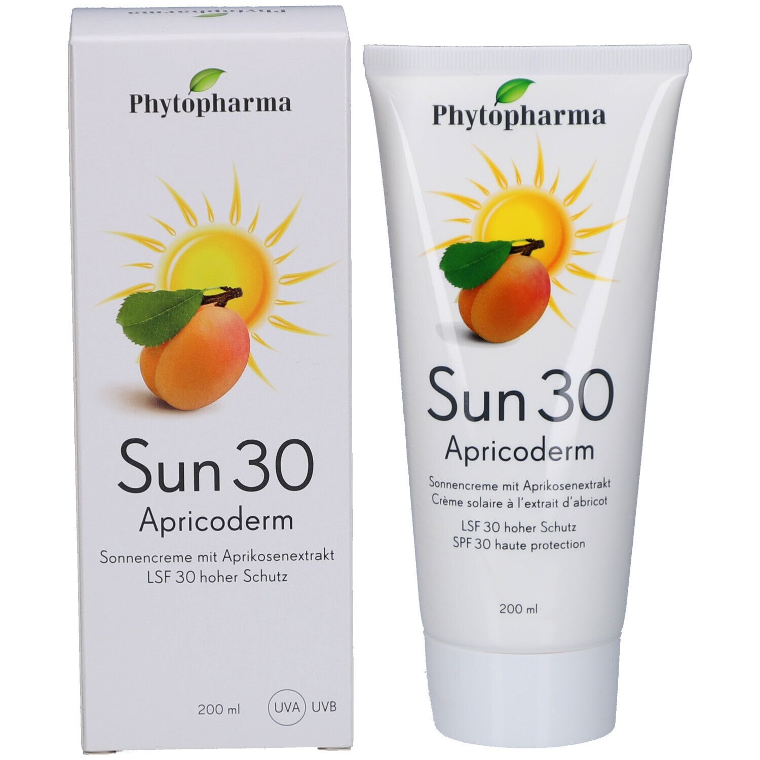 Tube et boîte de crème solaire. Inscription: Phytopharma, Sun 30 Apricoderm, crème solaire, SPF 30. Illustration: abricot et soleil.