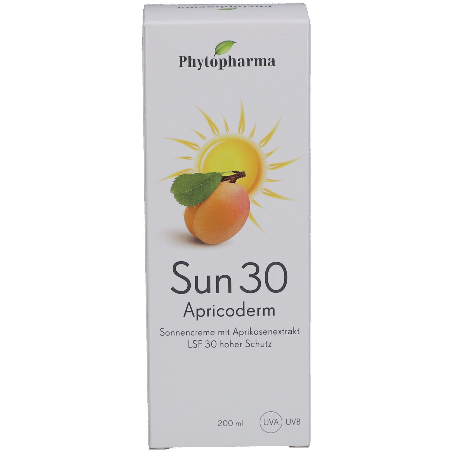 Boîte de crème solaire. Inscription: Phytopharma, Sun 30 Apricoderm, crème solaire, SPF 30. Illustration: abricot et soleil.